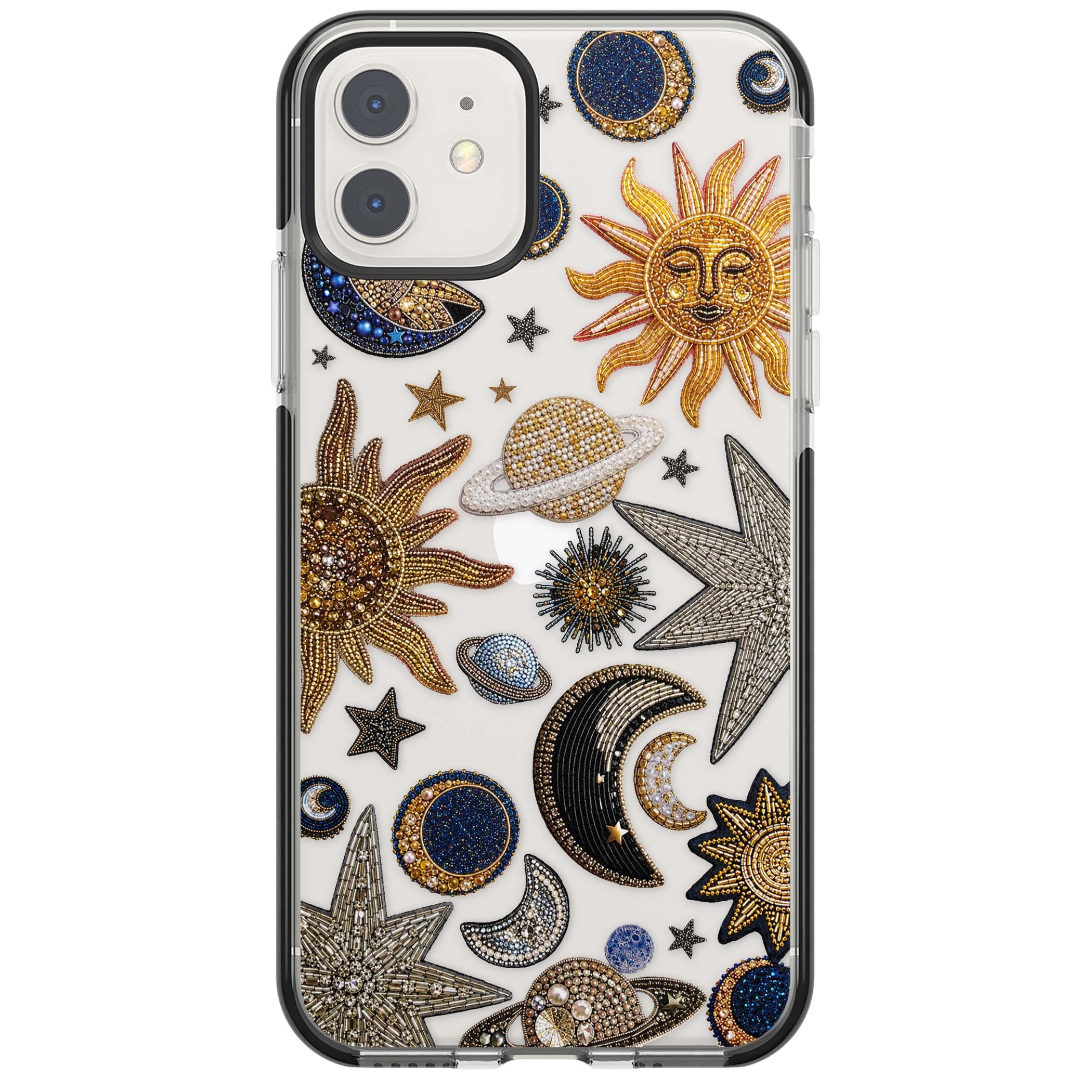 Beaded Cosmos celestial iPhone case featuring embroidered golden suns, beaded planets and silver shooting stars | Black Impact case for iPhone 11, iPhone 12