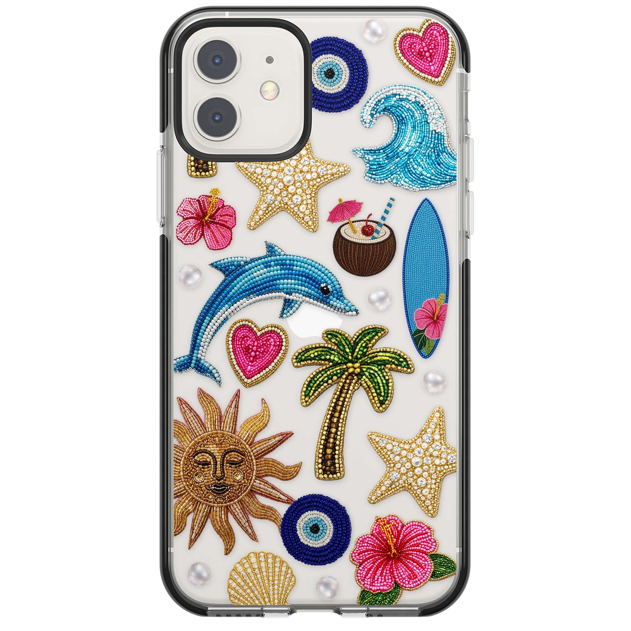 Beaded Beach coastal summer iPhone case featuring embroidered evil eye, hibiscus flowers, dolphin and palm tree patches | Black Impact case for iPhone 11, iPhone 12