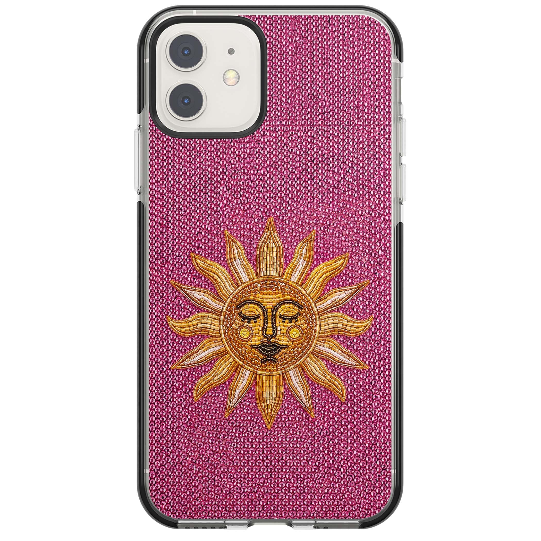 Beaded Sun celestial iPhone case featuring a golden beaded sun face with radiant rays on hot pink beaded background | Black Impact case for iPhone 11, iPhone 12