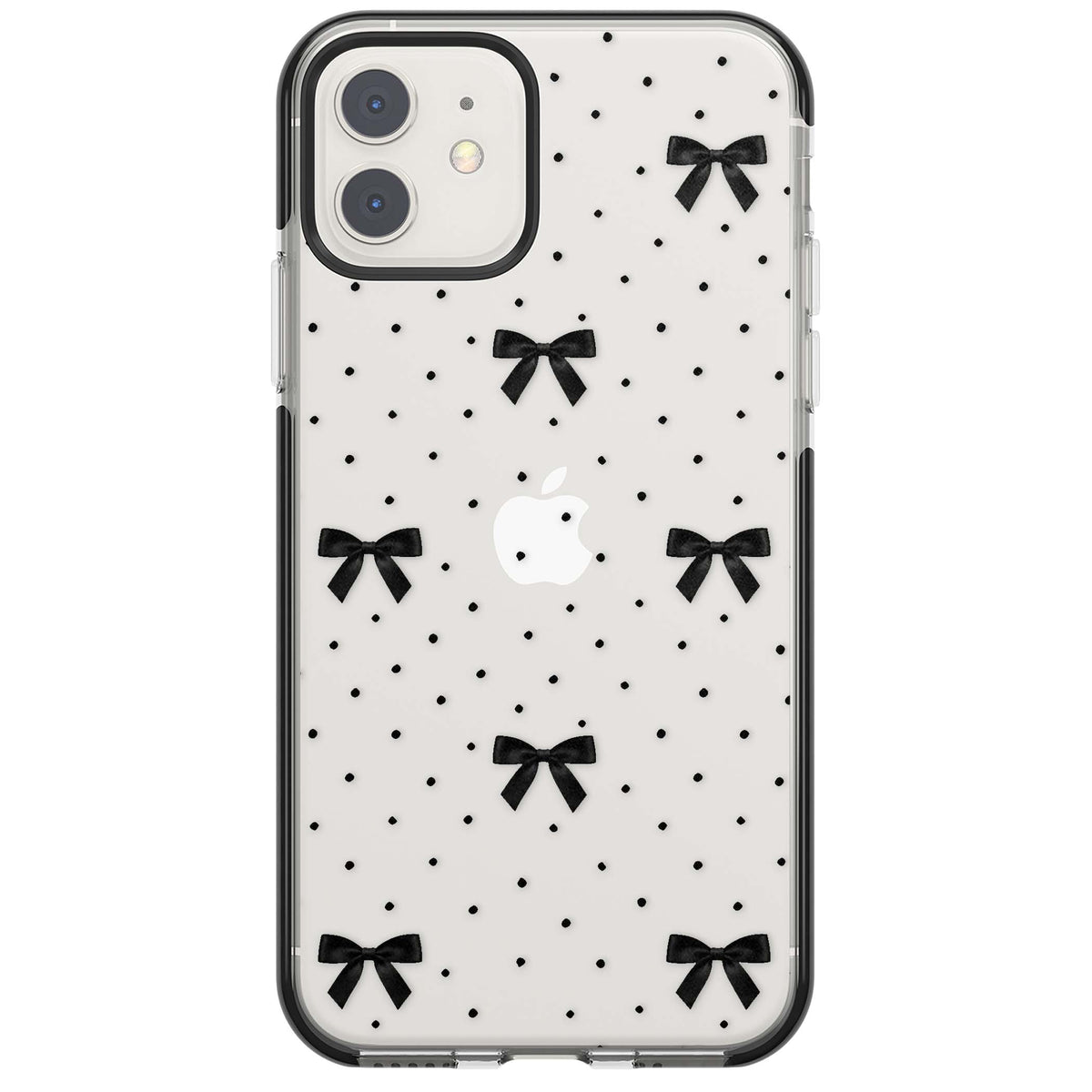 Black Polka Bows coquette iPhone case featuring scattered black satin bows and tiny polka dots on a clear base | Black Impact case for iPhone 11, iPhone 12