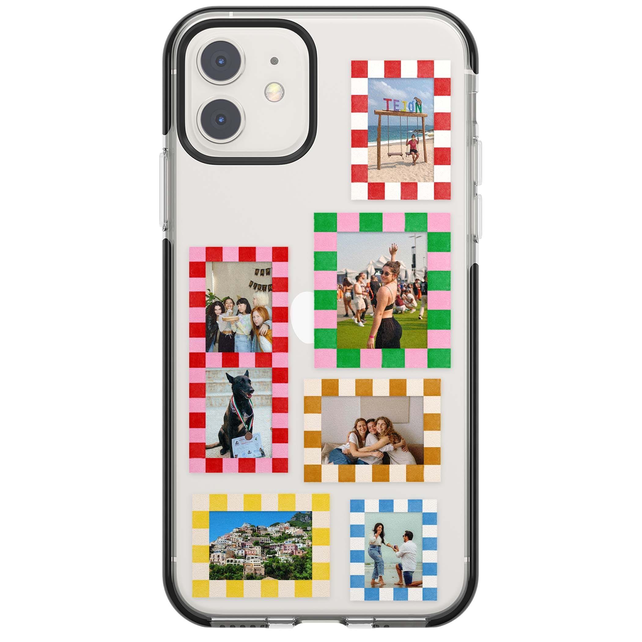 Italian Check Frames custom photo collage iPhone case featuring six checkered photo frames in red, green, pink and | Black Impact case for iPhone 11, iPhone 12
