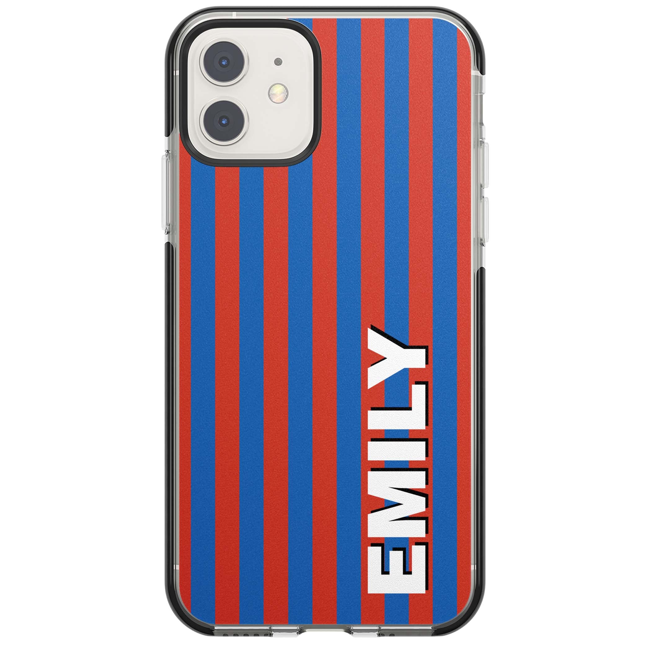 Cuban Stripe personalised iPhone case featuring red and blue vertical stripes with custom name in bold white letters | Black Impact case for iPhone 11, iPhone 12