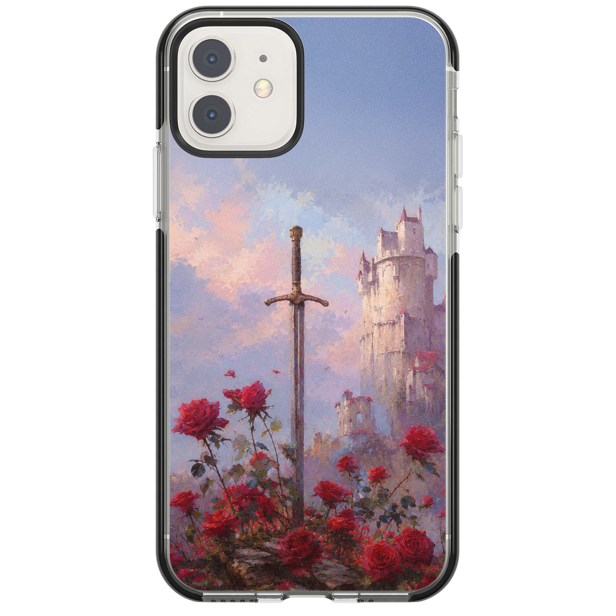 Sword in Roses medieval art iPhone case featuring a sword, red roses, and a misty fairytale castle at sunset | Black Impact case for iPhone 11, iPhone 12