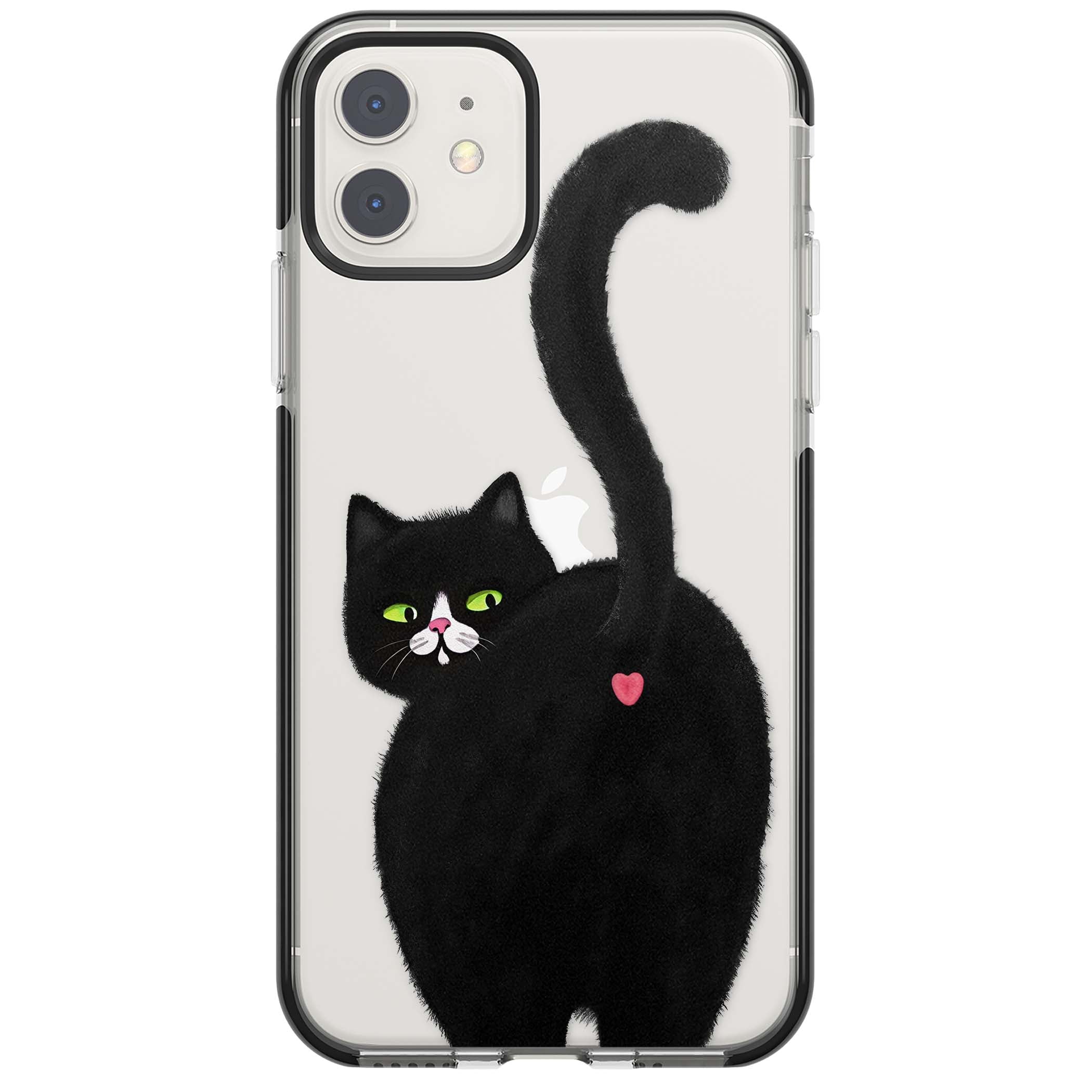 The Cat's Kiss cute cat iPhone case featuring a hand-painted tuxedo kitty with green eyes and a pink heart on a clear | Black Impact case for iPhone 11, iPhone 12
