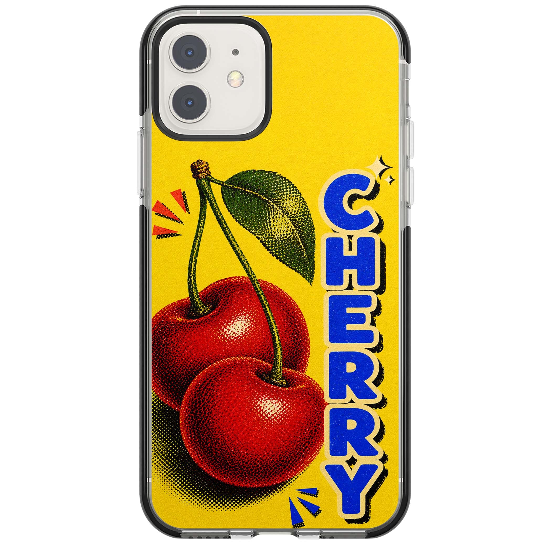 Cherry Yellow y2k iPhone case featuring two red cherries, halftone shading and bold blue CHERRY lettering on yellow | Black Impact case for iPhone 11, iPhone 12
