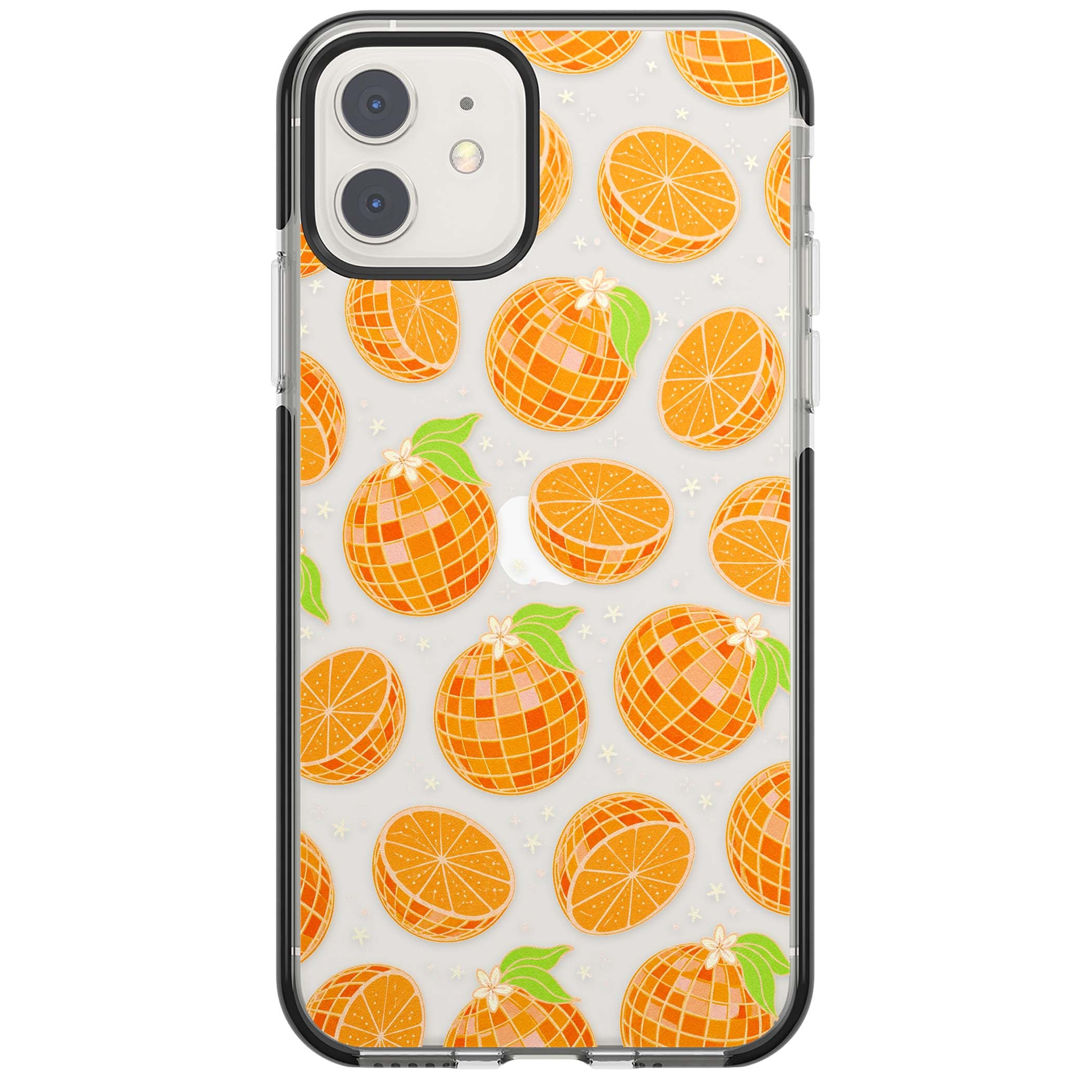 Disco Oranges retro iPhone case featuring mirrorball oranges, citrus slices and tiny blossoms on clear | Black Impact case for iPhone 11, iPhone 12