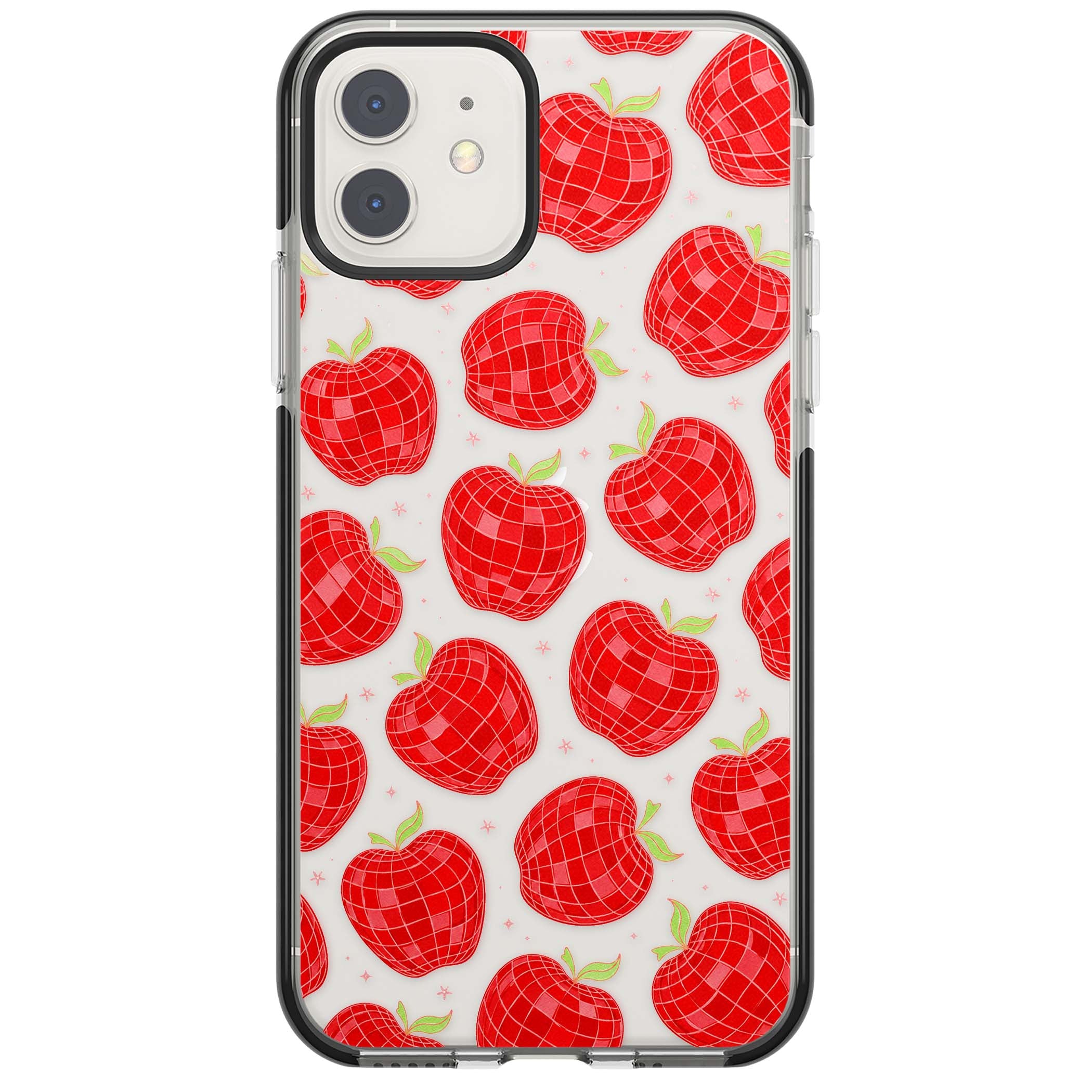Disco Apples Y2K iPhone case featuring red disco ball apples, green leaves and pink sparkles on clear | Black Impact case for iPhone 11, iPhone 12
