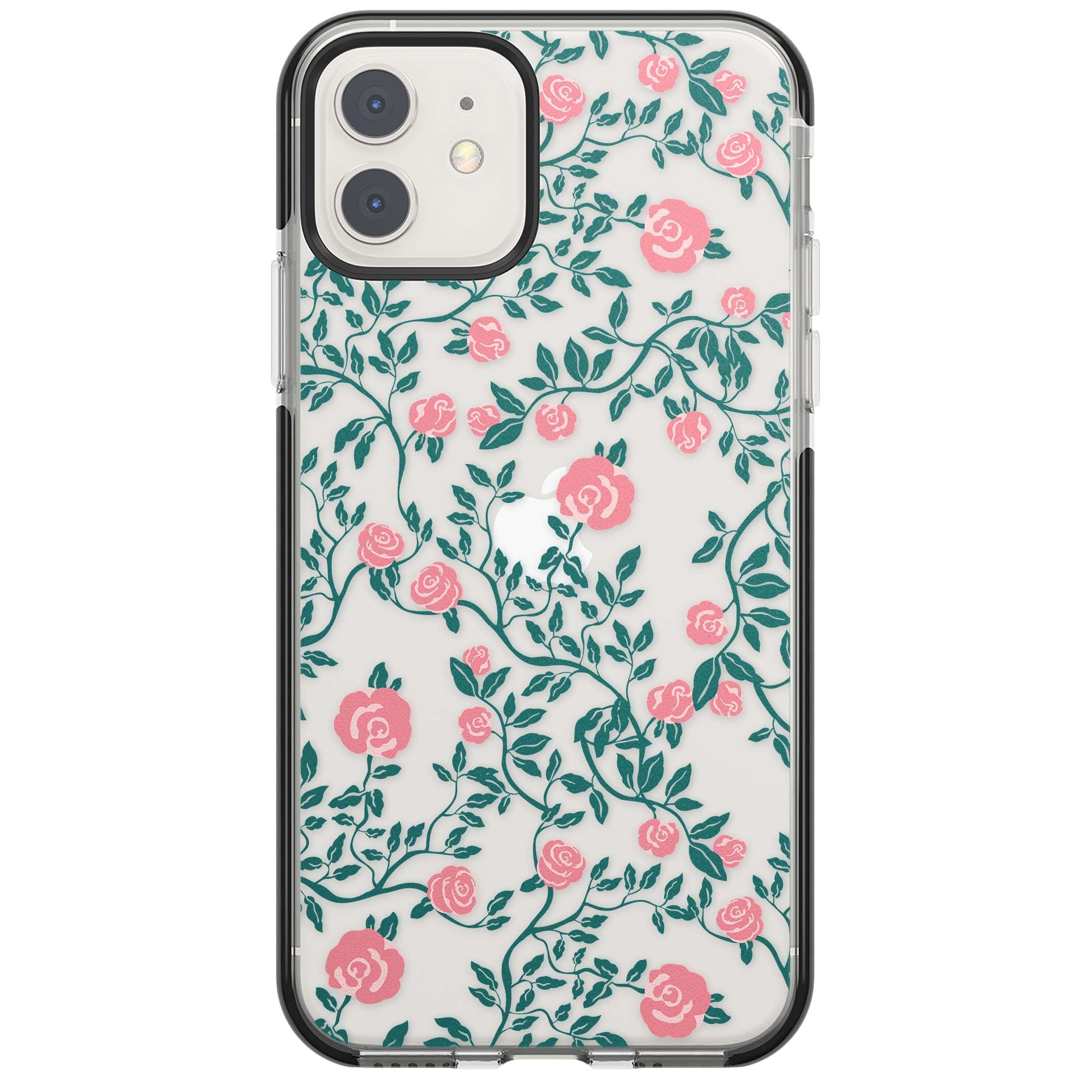 Rose Trellis (Clear) cottagecore iPhone case featuring pink climbing roses and green leaves on clear background | Black Impact case for iPhone 11, iPhone 12