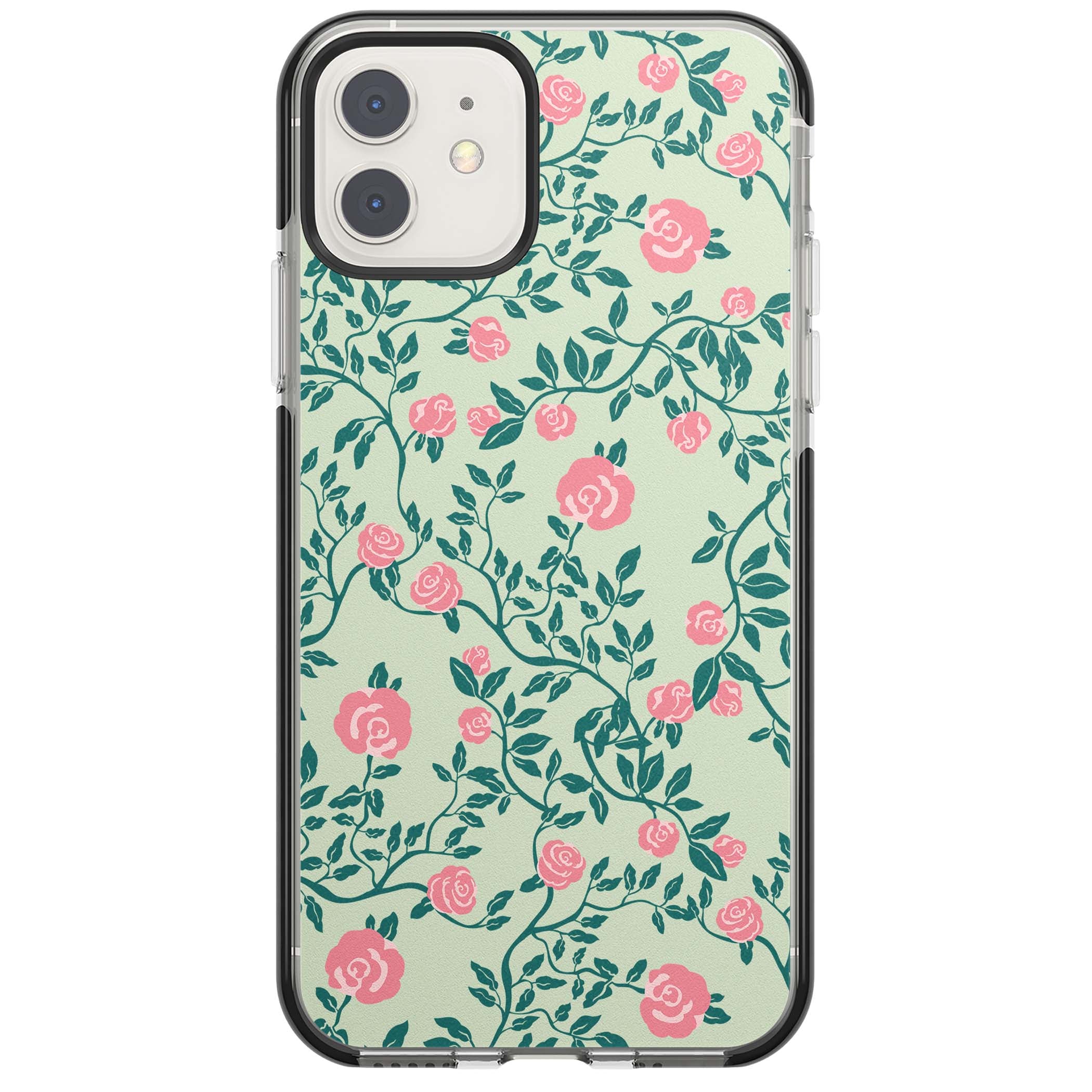 Rose Trellis cottagecore iPhone case featuring pink roses, sage green vines, and mint background | Black Impact case for iPhone 11, iPhone 12