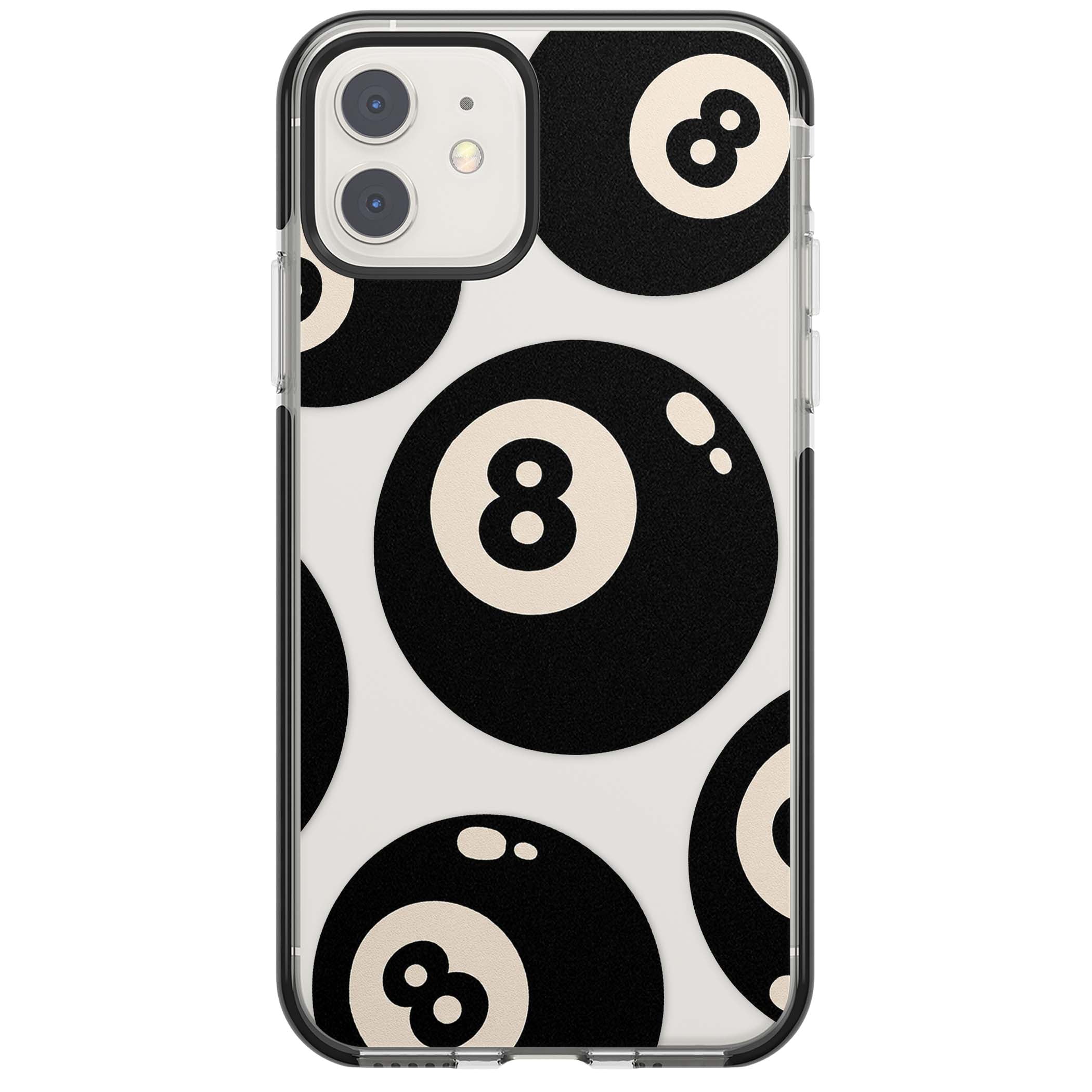 Eights y2k iPhone case featuring scattered black 8 balls with cream highlights on a clear background | Black Impact case for iPhone 11, iPhone 12