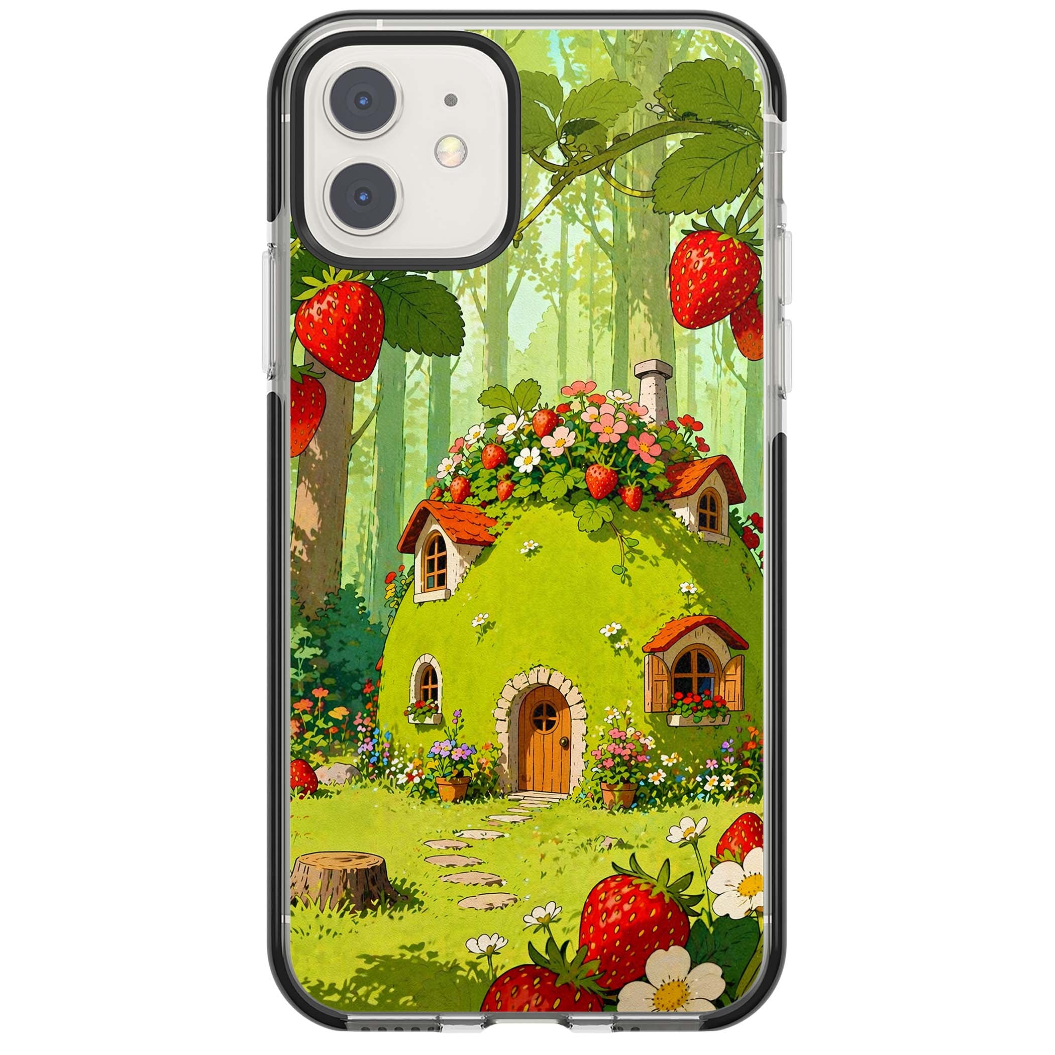 Strawberry Cottage cottagecore iPhone case featuring a green fairy house, wild strawberries and enchanted forest flowers | Black Impact case for iPhone 11, iPhone 12