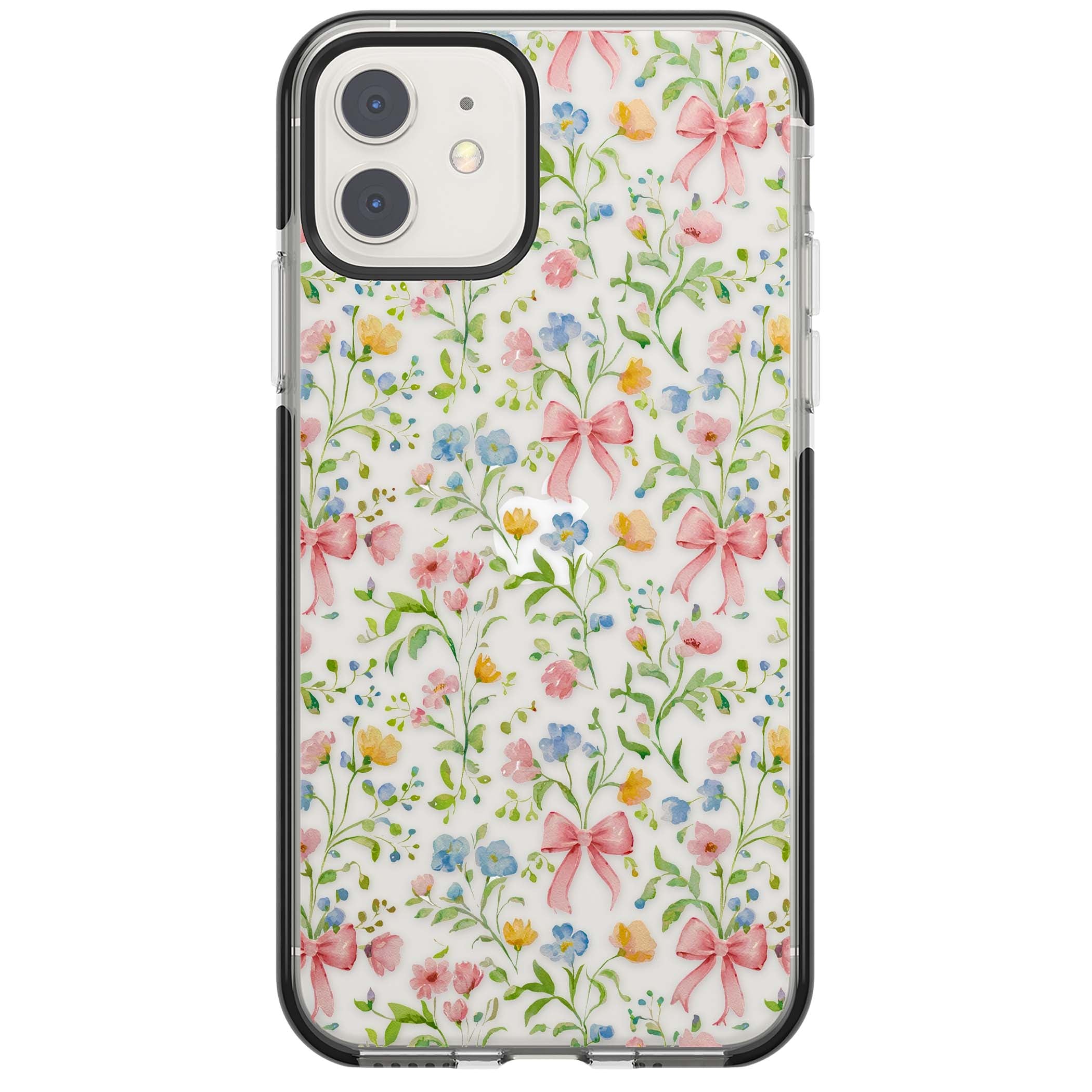 Ribbons & Wildflowers cottagecore iPhone case featuring watercolor wildflowers, pink satin bows, and delicate spring blooms o | Black Impact case for iPhone 11, iPhone 12