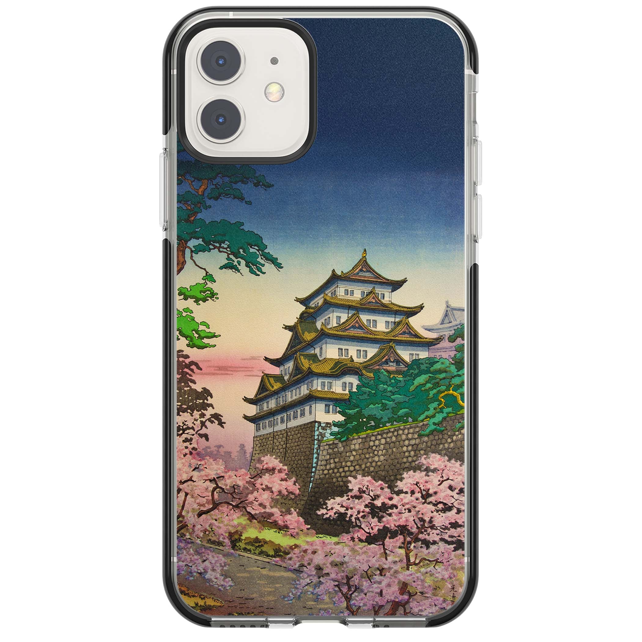 Nagoya Castle Japanese iPhone case featuring a vintage pagoda, twilight sky and cherry blossom trees | Black Impact case for iPhone 11, iPhone 12