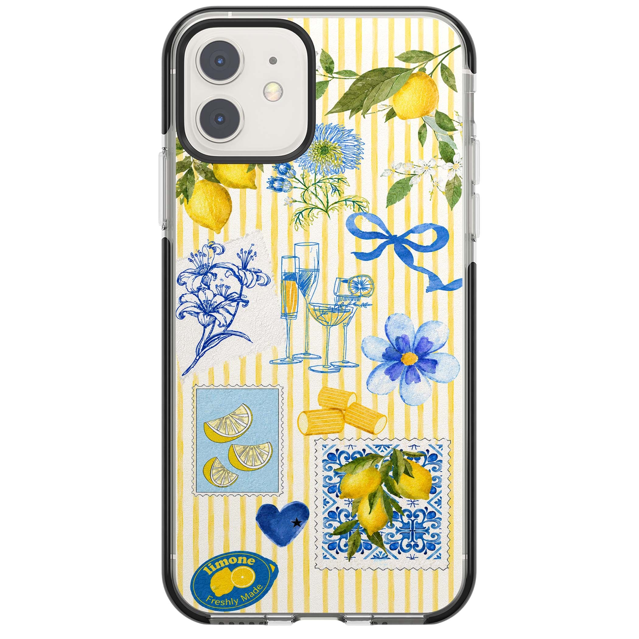 Limone Riviera Italian summer iPhone case featuring watercolour lemons, blue ribbon bows and majolica tile stamps on... | Black Impact case for iPhone 11, iPhone 12