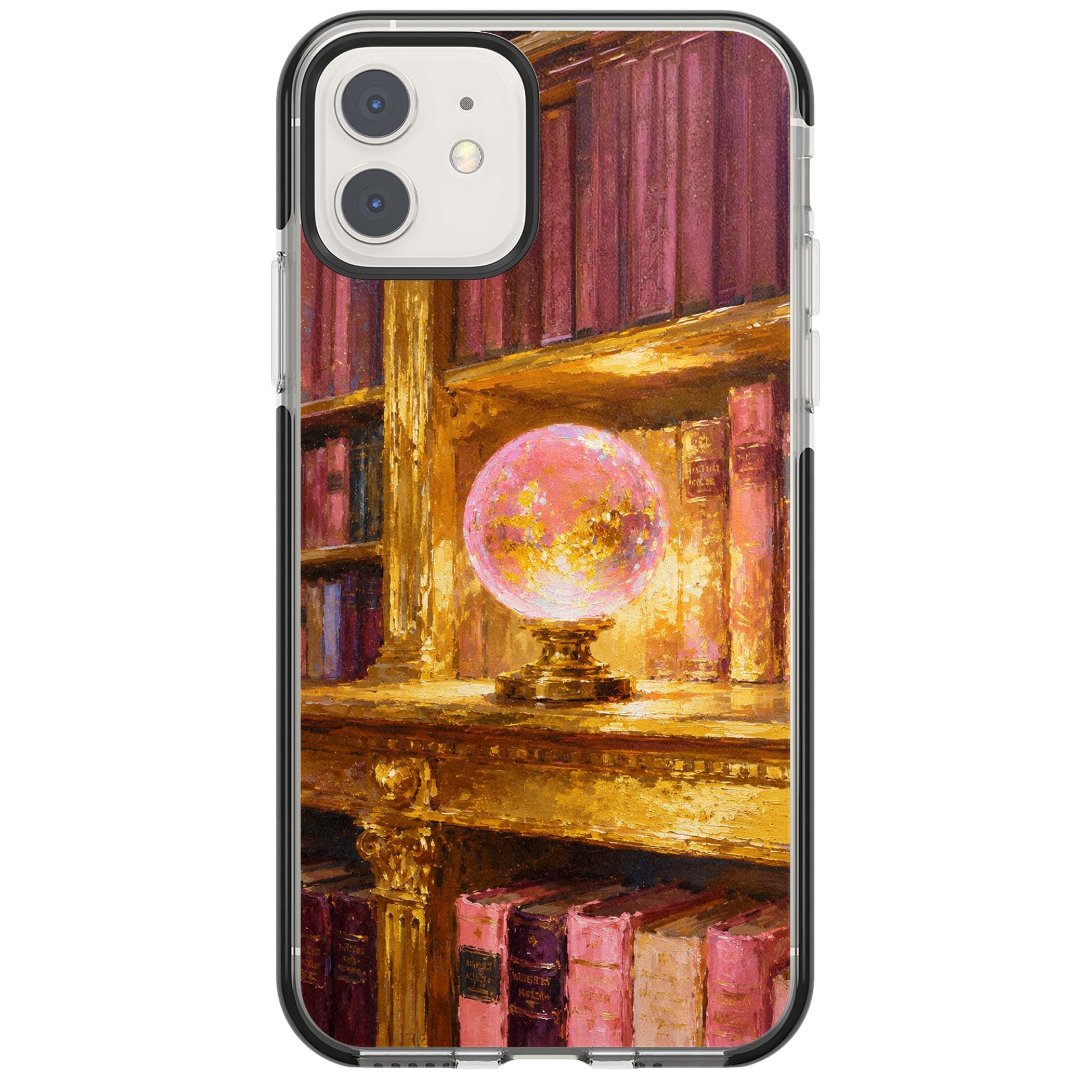 Gilded Library dark academia iPhone case featuring an oil painted crystal ball on a gilded library shelf with vintage | Black Impact case for iPhone 11, iPhone 12