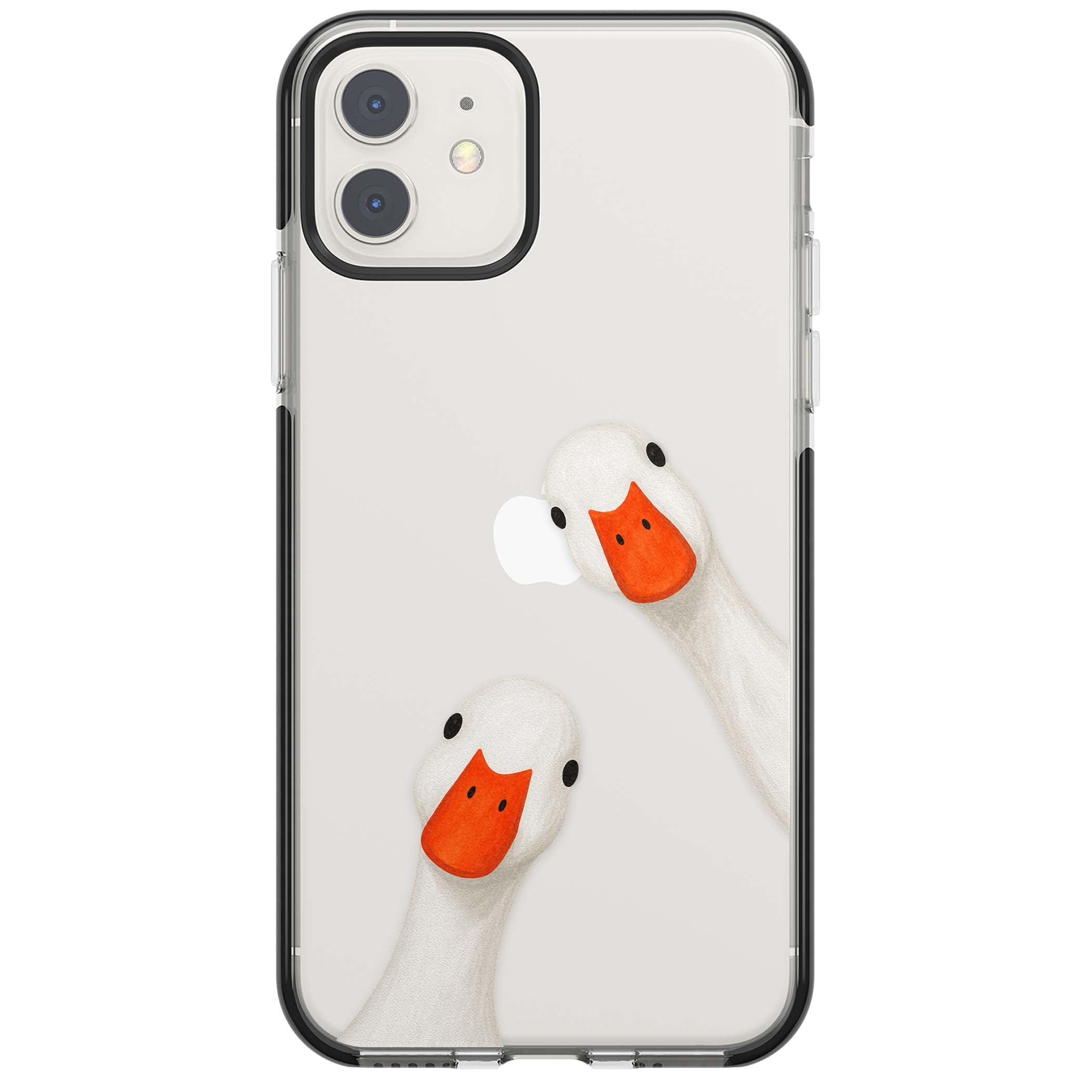 Nosy Ducks cottagecore iPhone case featuring two peeking white ducks with orange beaks on a clear background | Black Impact case for iPhone 11, iPhone 12