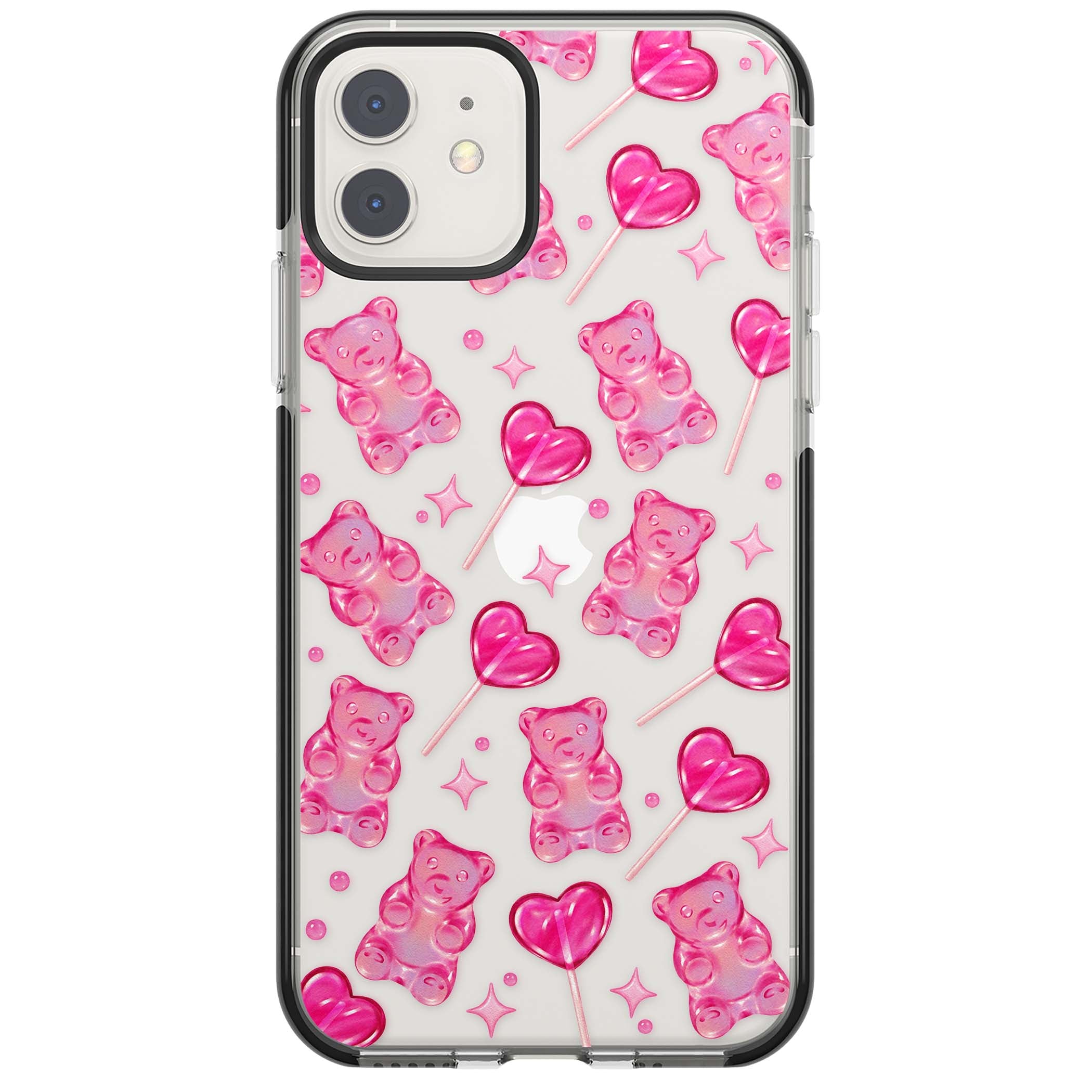 Pink Sugar pinkcore iPhone case featuring pink gummy bears, heart-shaped lollipops and sparkle stars | Black Impact case for iPhone 11, iPhone 12
