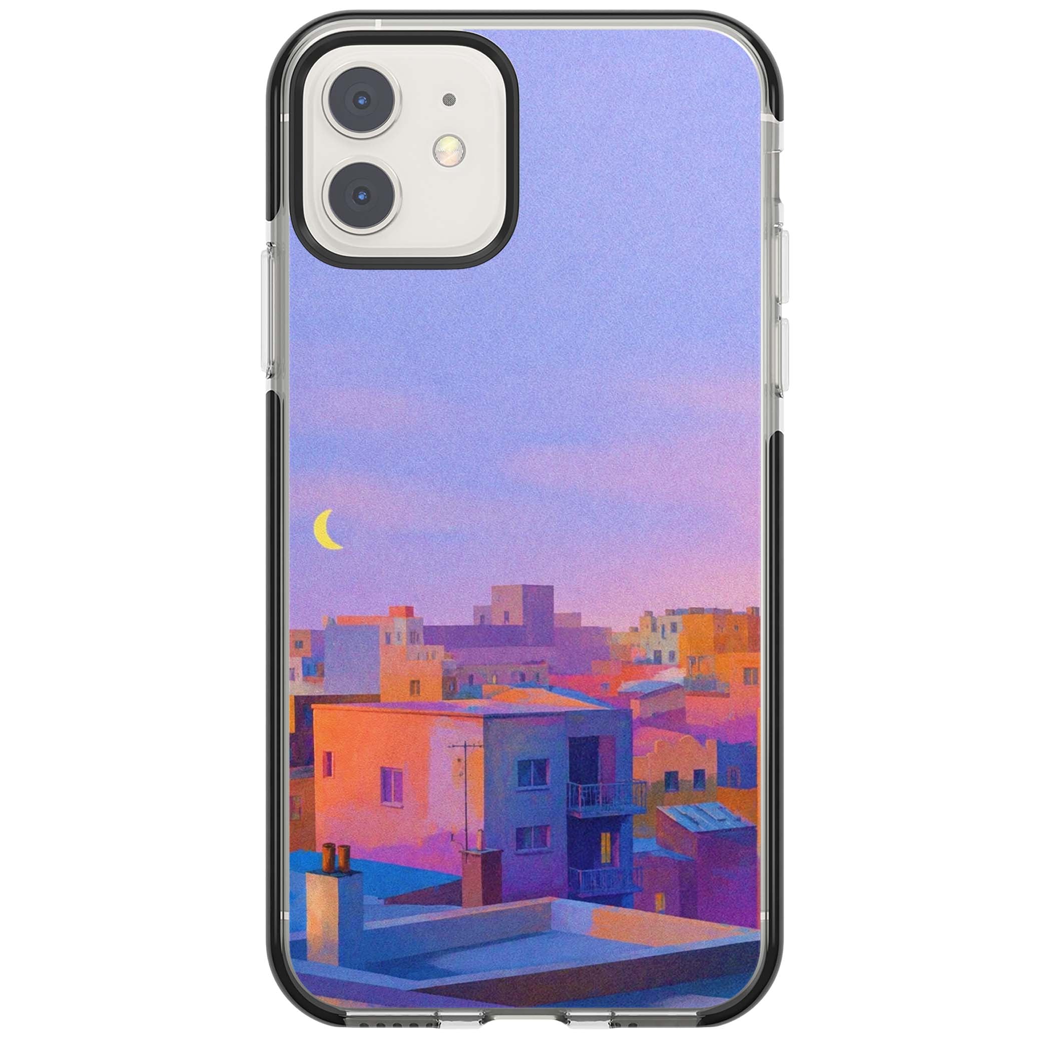 Twilight Rooftops vaporwave iPhone case featuring a pastel sunset cityscape, painted rooftops and a crescent moon. | Black Impact case for iPhone 11, iPhone 12