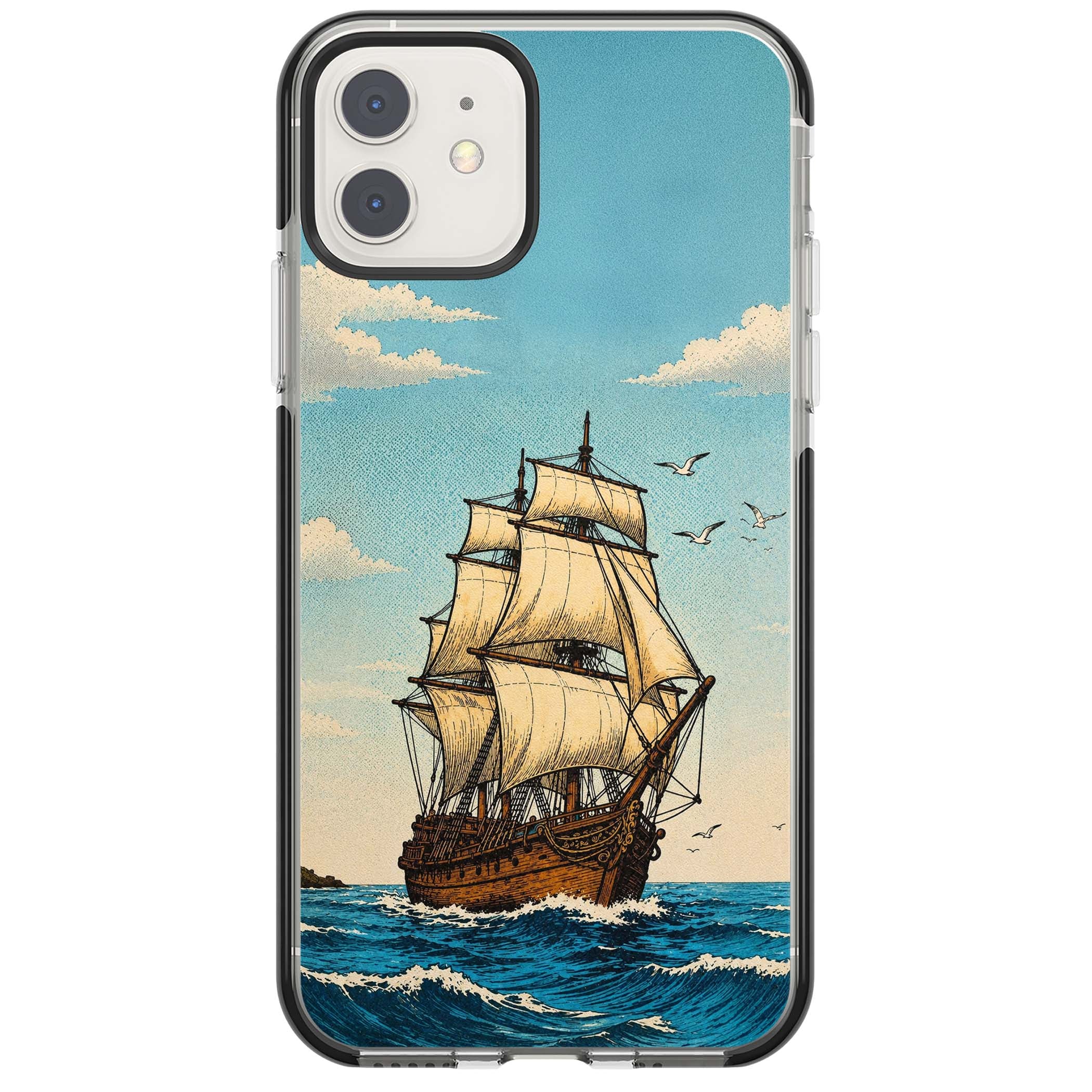 Ship at Sea nautical iPhone case featuring a vintage tall ship, ocean waves and seagulls | Black Impact case for iPhone 11, iPhone 12