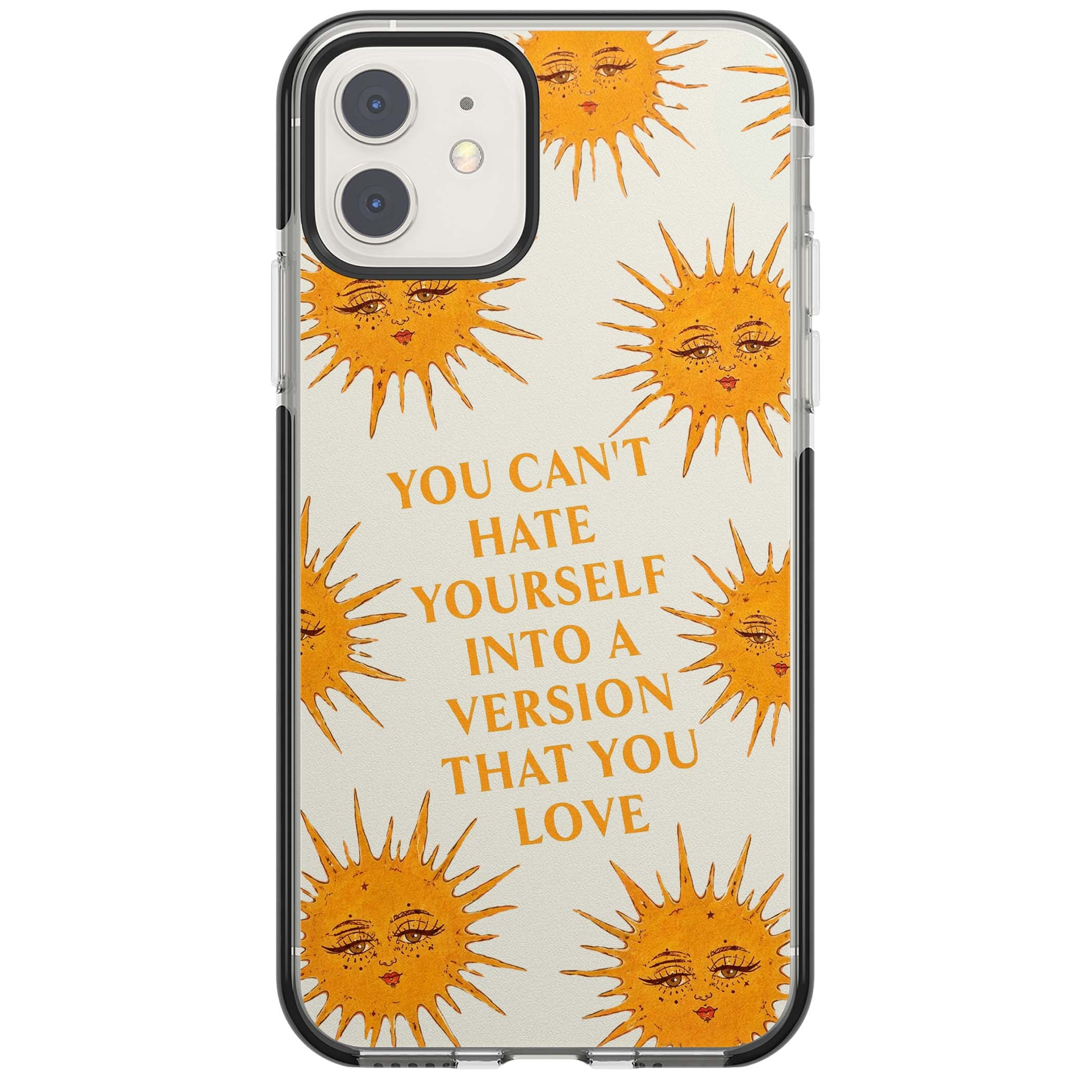 Don't Hate Yourself celestial iPhone case featuring vintage sun faces, ochre rays and a self-love quote | Black Impact case for iPhone 11, iPhone 12