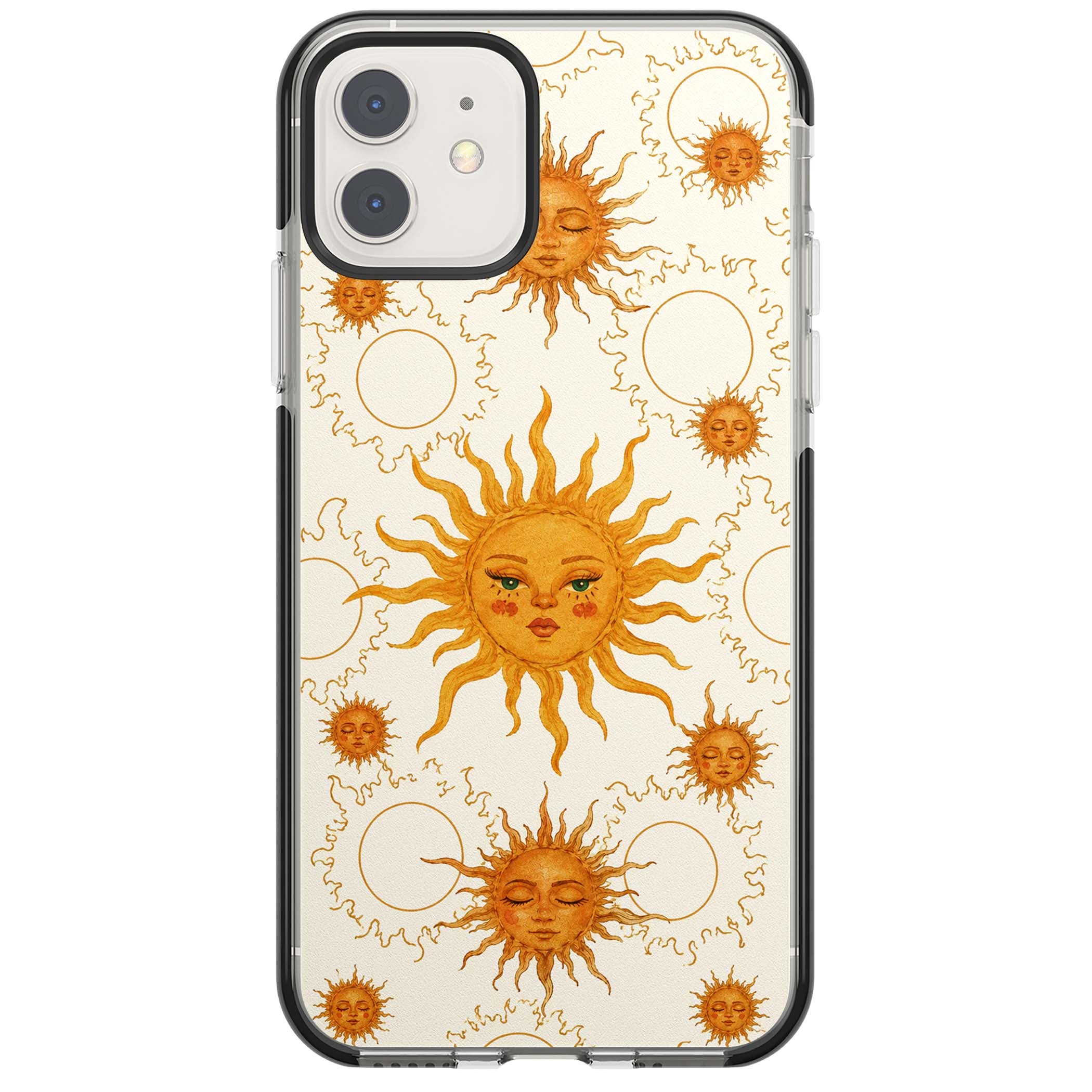 Solstice Muse celestial iPhone case featuring hand-painted golden sun faces, closed-eye sun goddesses and outlined moons... | Black Impact case for iPhone 11, iPhone 12