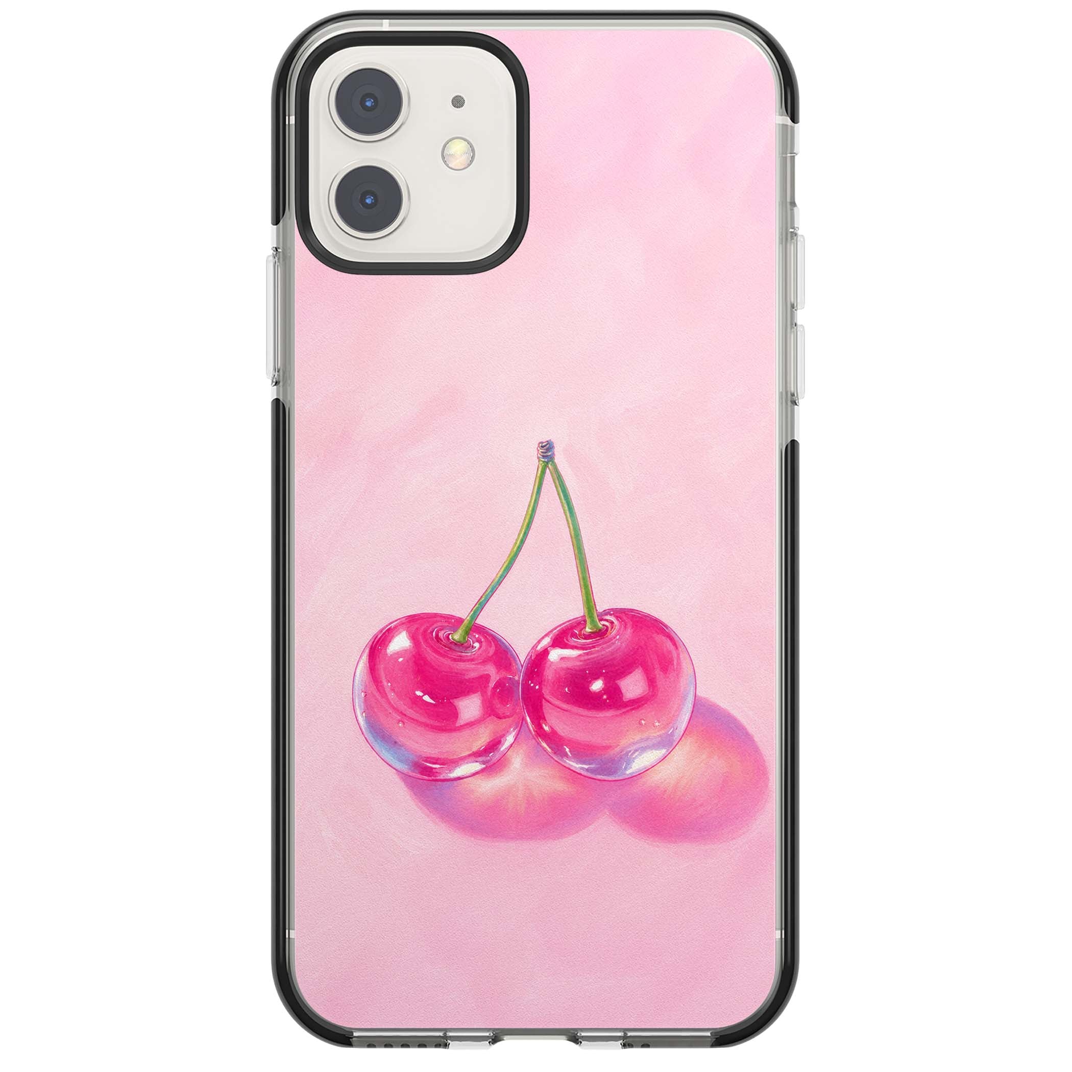 Pink Glass Cherry coquette iPhone case featuring two glossy painted cherries on a soft pink background | Black Impact case for iPhone 11, iPhone 12