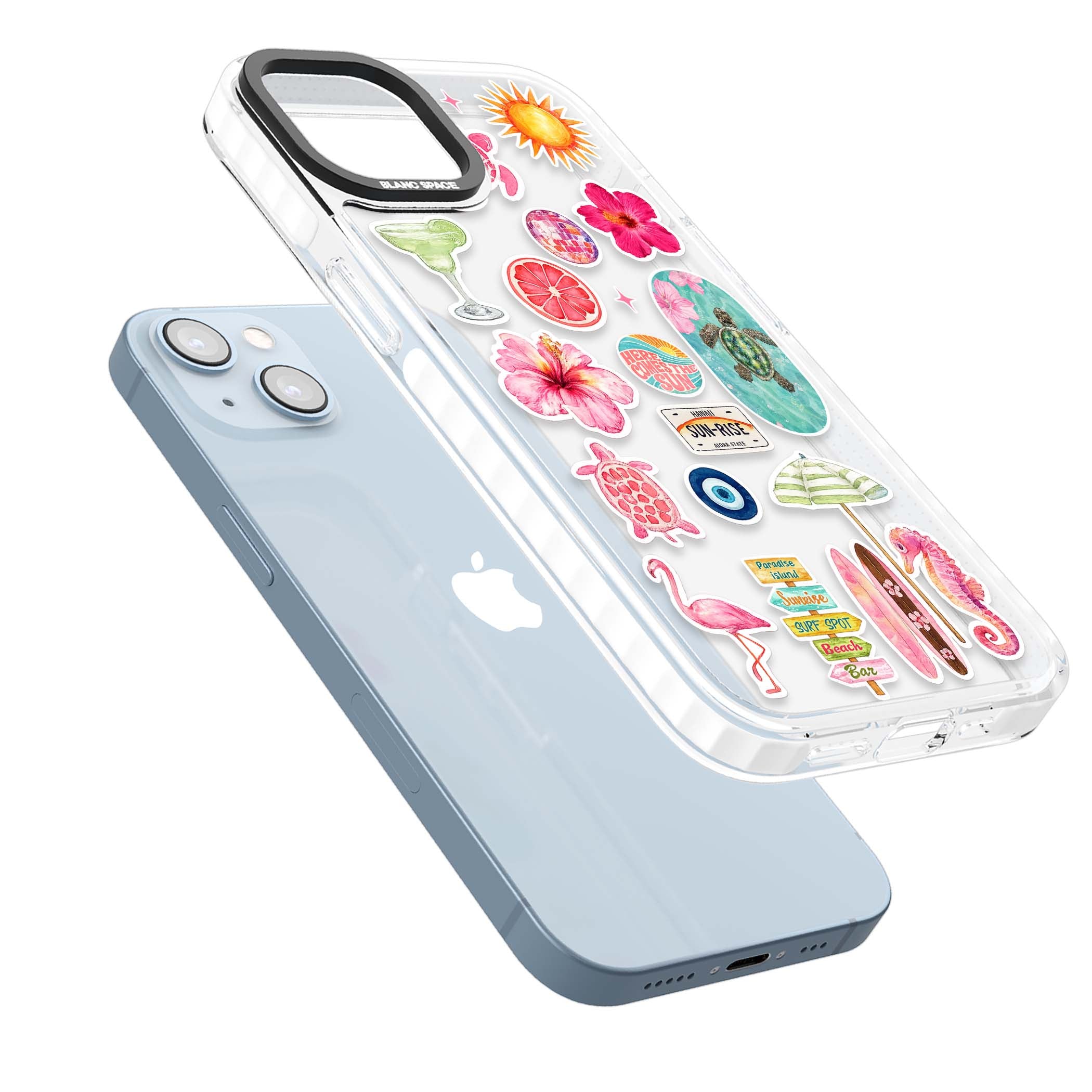 Aloha Sticker Mix tropical summer iPhone case featuring pink hibiscus, sea turtles, flamingo and beach umbrella stickers | Clear Impact case for iPhone 13, iPhone 14, iPhone 15