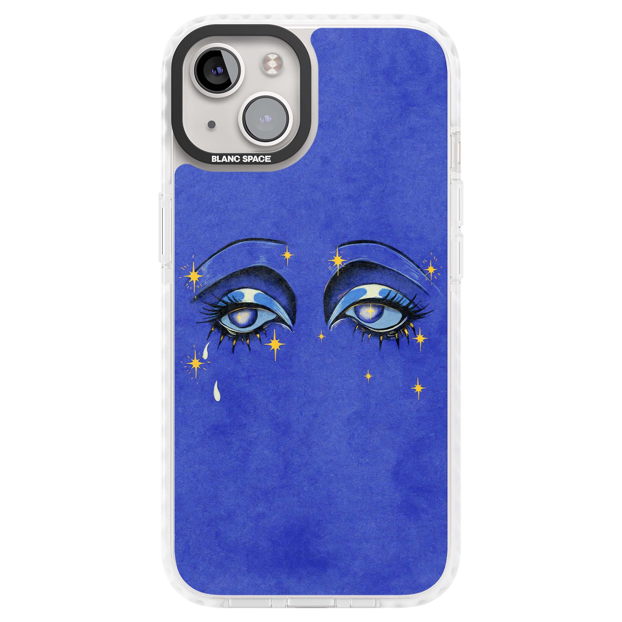 Blue Mystic Eyes celestial iPhone case featuring hand drawn blue mystical eyes, golden stars and a painted tear on indigo | Clear Impact case for iPhone 13, iPhone 14, iPhone 15