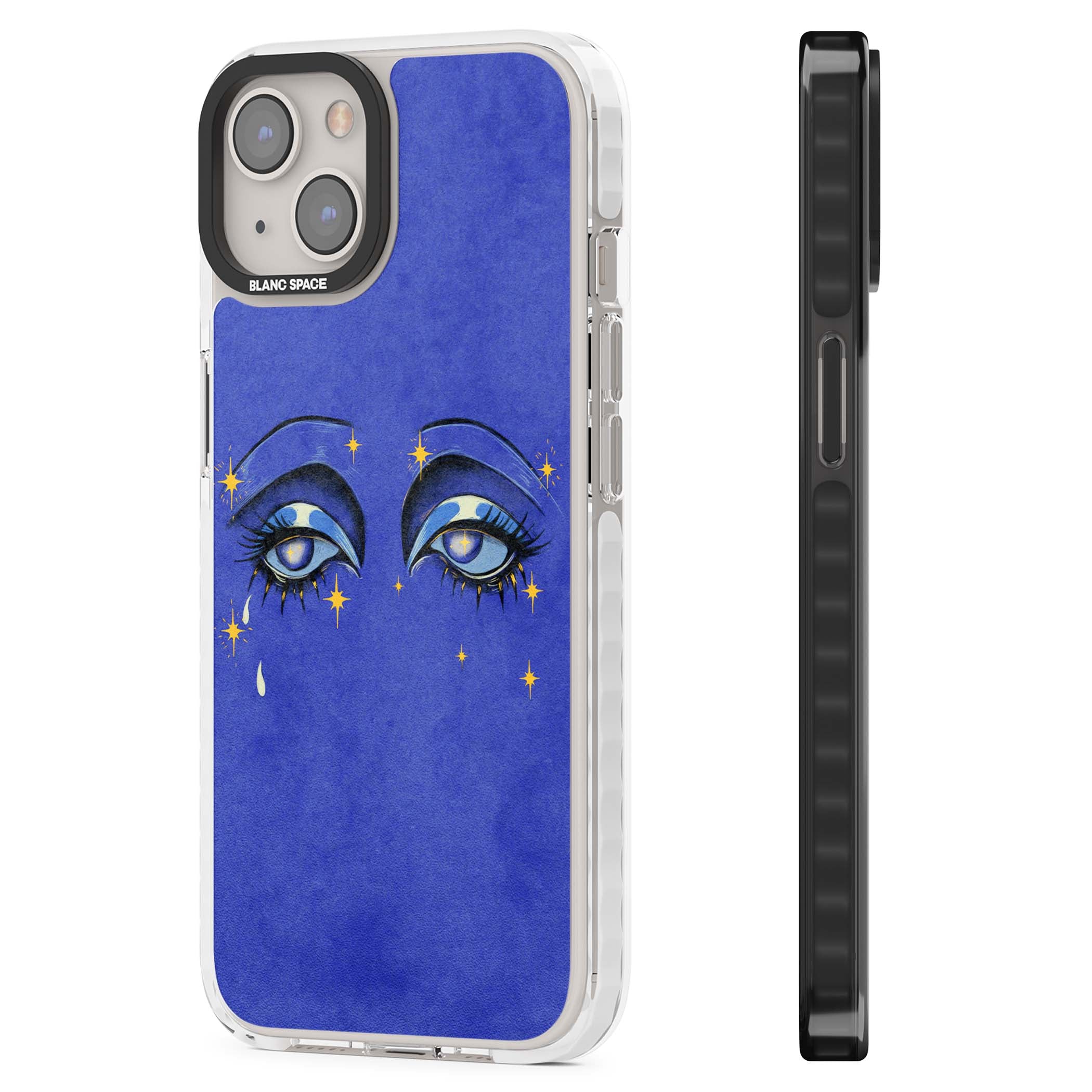 Blue Mystic Eyes celestial iPhone case featuring hand drawn blue mystical eyes, golden stars and a painted tear on indigo | Clear Impact case for iPhone 13, iPhone 14, iPhone 15