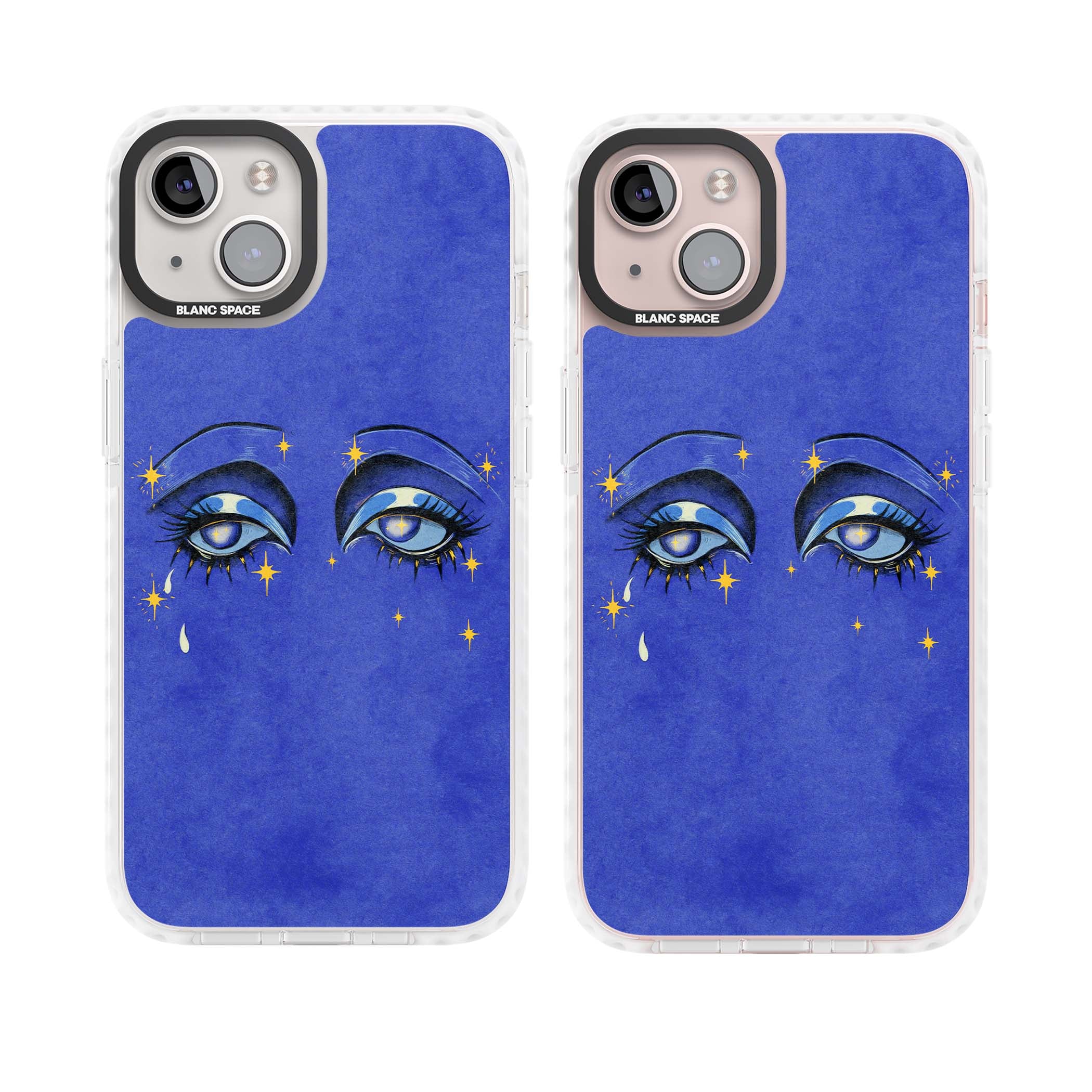 Blue Mystic Eyes celestial iPhone case featuring hand drawn blue mystical eyes, golden stars and a painted tear on indigo | Clear Impact case for iPhone 13, iPhone 14, iPhone 15
