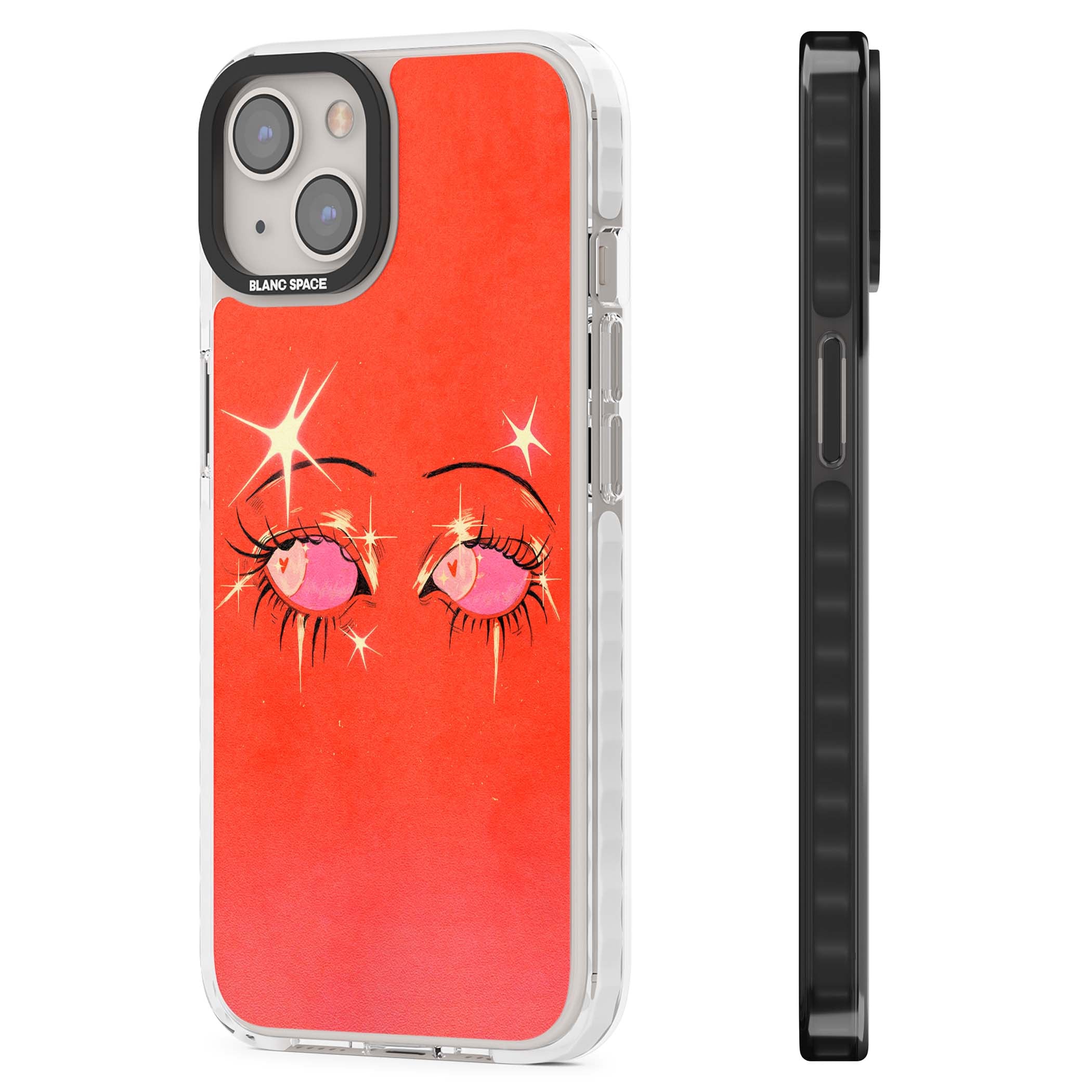 Pink Ethereal Eyes anime iPhone case featuring hand-drawn sparkly eyes with pink hearts and gold stars on red | Clear Impact case for iPhone 13, iPhone 14, iPhone 15