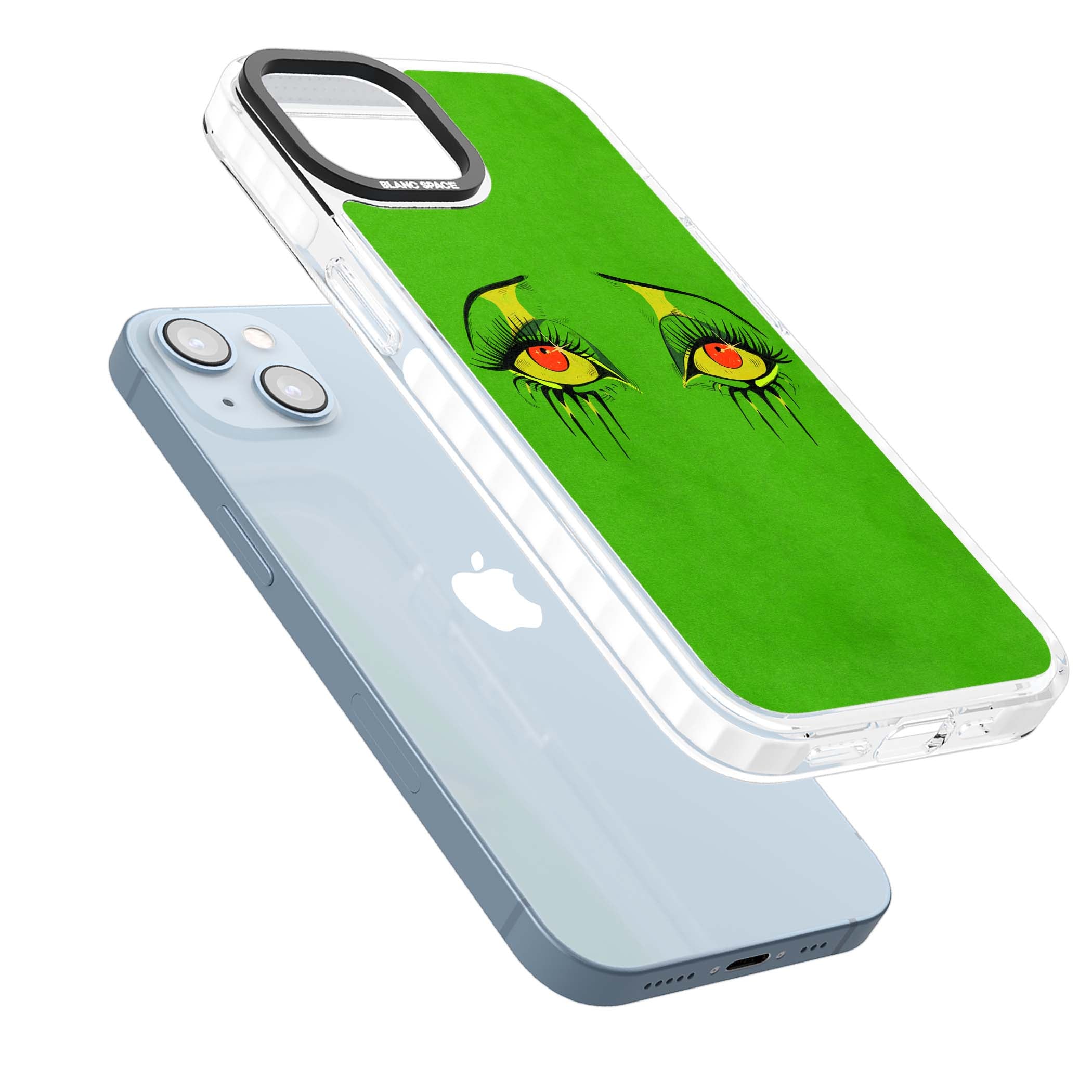 Green Enchanted Eyes psychedelic art iPhone case featuring hand-drawn dripping eyes on neon green background | Clear Impact case for iPhone 13, iPhone 14, iPhone 15