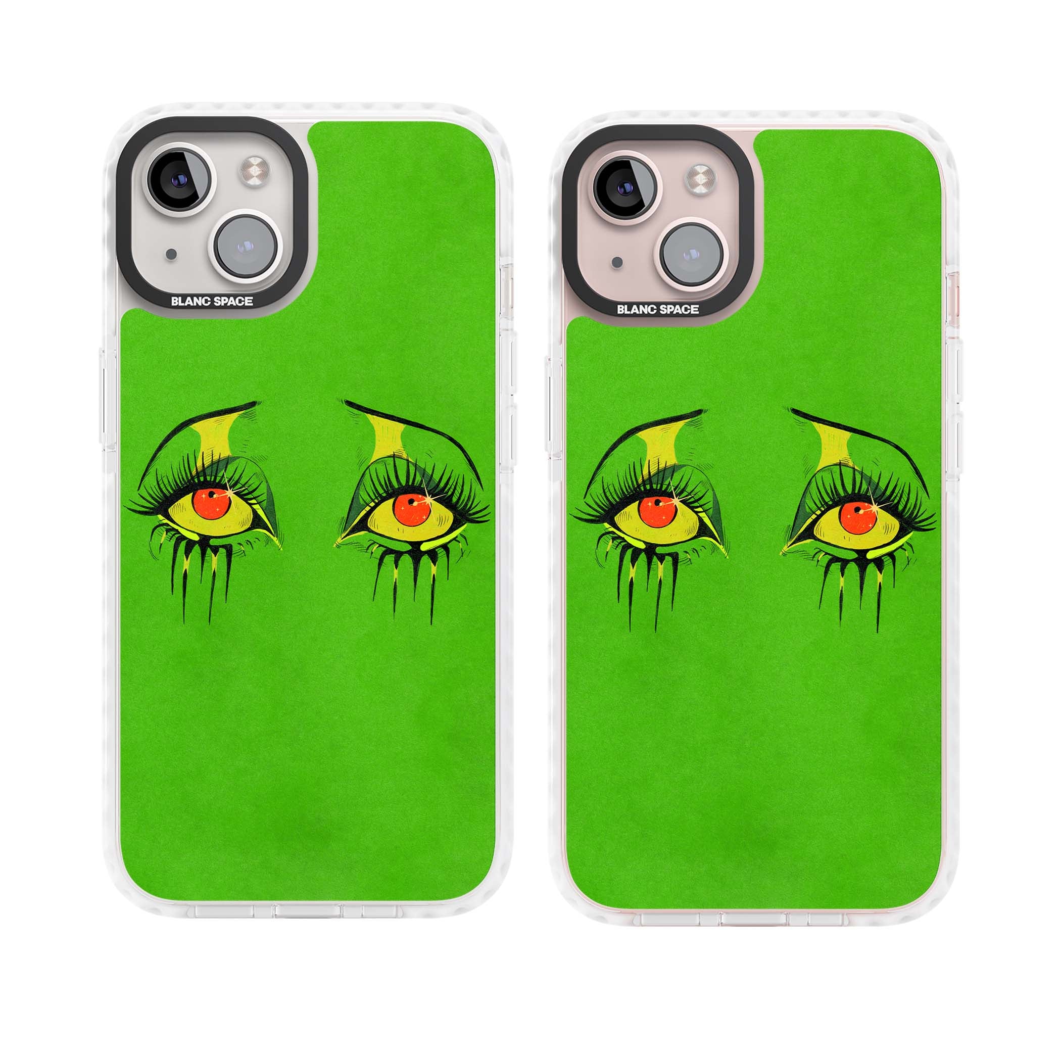Green Enchanted Eyes psychedelic art iPhone case featuring hand-drawn dripping eyes on neon green background | Clear Impact case for iPhone 13, iPhone 14, iPhone 15
