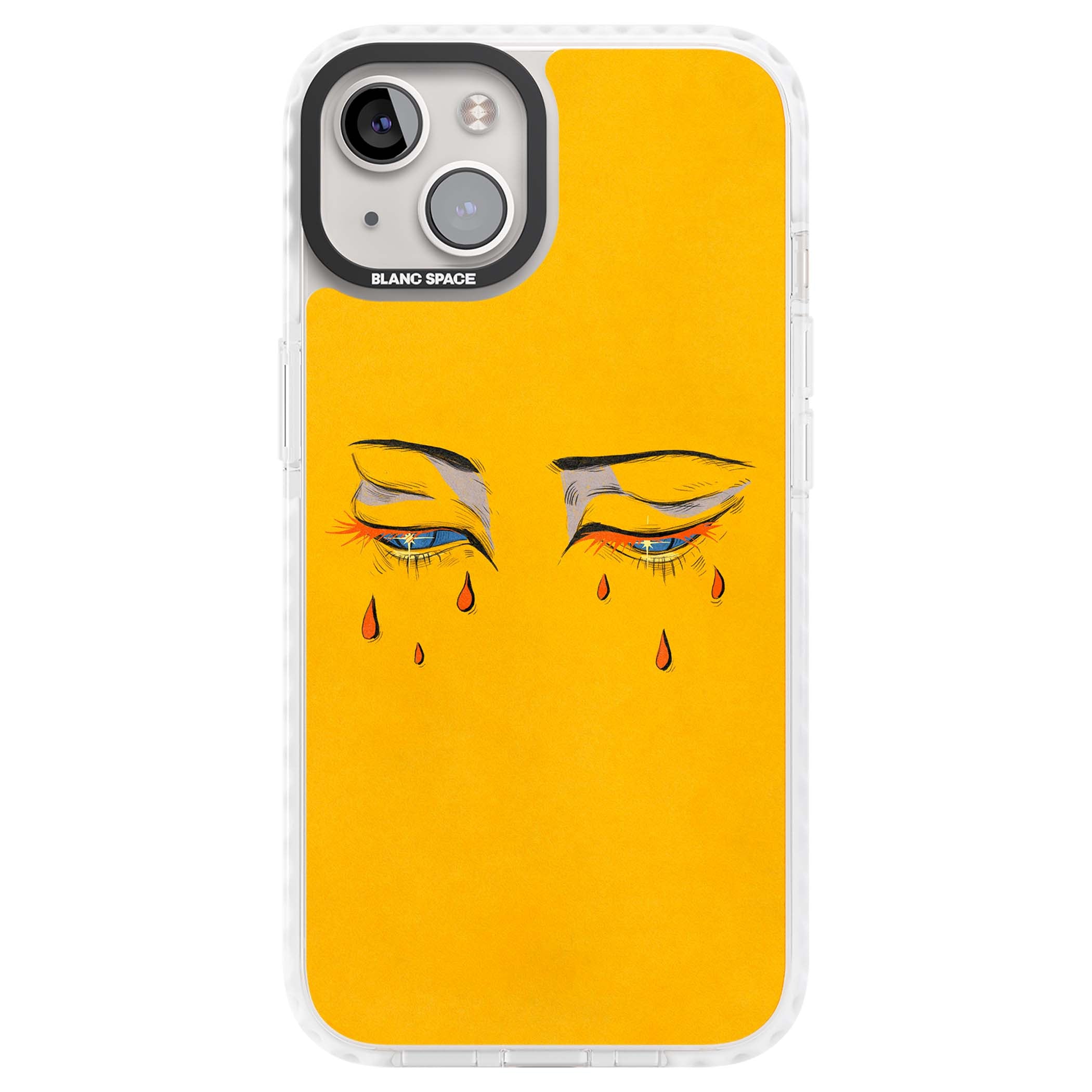Yellow Tearful Eyes indie iPhone case featuring hand-drawn crying eyes with orange tears on a yellow background | Clear Impact case for iPhone 13, iPhone 14, iPhone 15