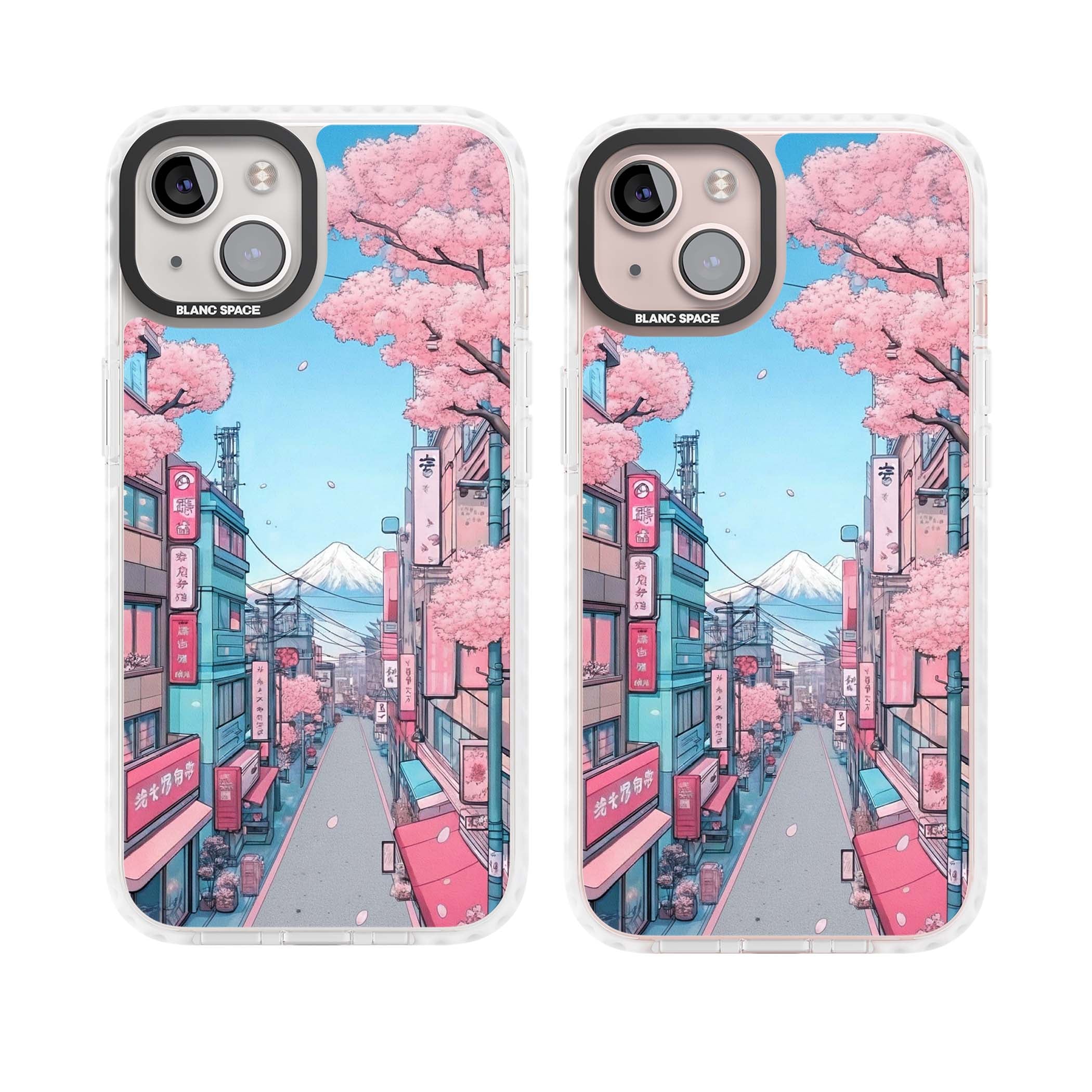 Sakura Lane anime iPhone case featuring Tokyo street scene with cherry blossoms and Mount Fuji | Clear Impact case for iPhone 13, iPhone 14, iPhone 15