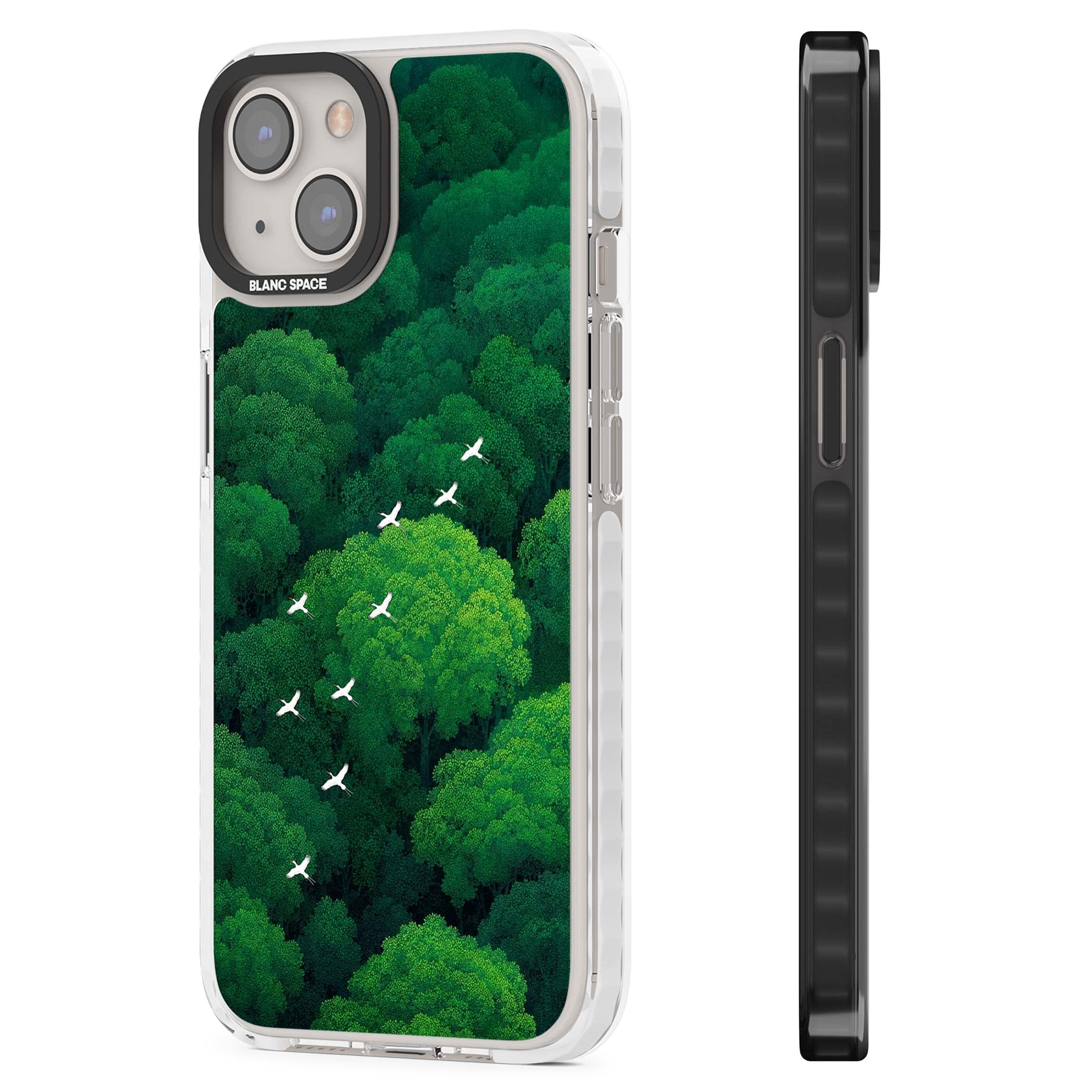 Grove Migration forest iPhone case featuring white cranes flying over lush green treetop canopy | Clear Impact case for iPhone 13, iPhone 14, iPhone 15