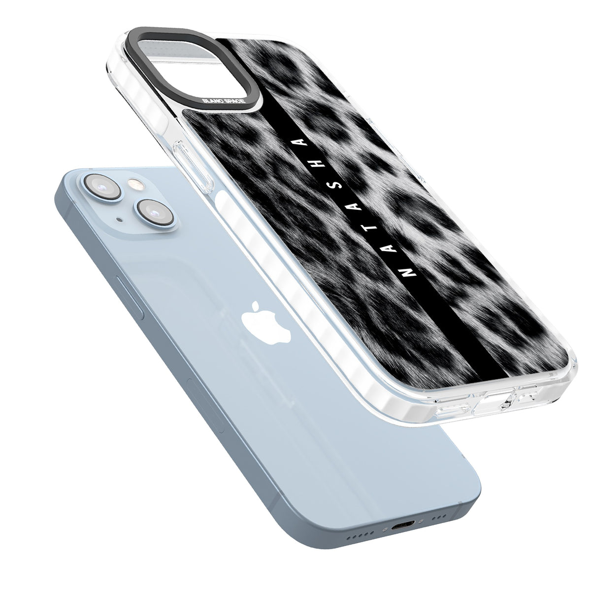 Snow Leopard iPhone 12 / 12 Pro / iPhone 13 / iPhone 14 / iPhone 14 Plus / iPhone 15 / iPhone 15 Plus Impact Clear Phone Case angled