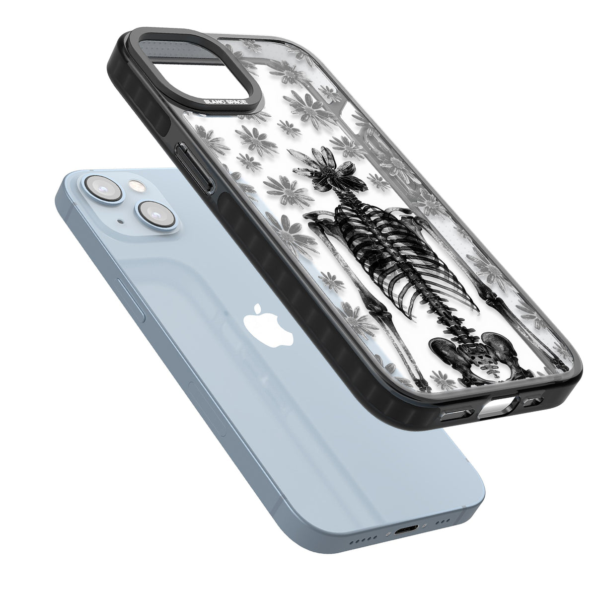 Skeleton Flower iPhone 12 / 12 Pro / iPhone 13 / iPhone 14 / iPhone 14 Plus / iPhone 15 / iPhone 15 Plus Impact Black Phone Case angled