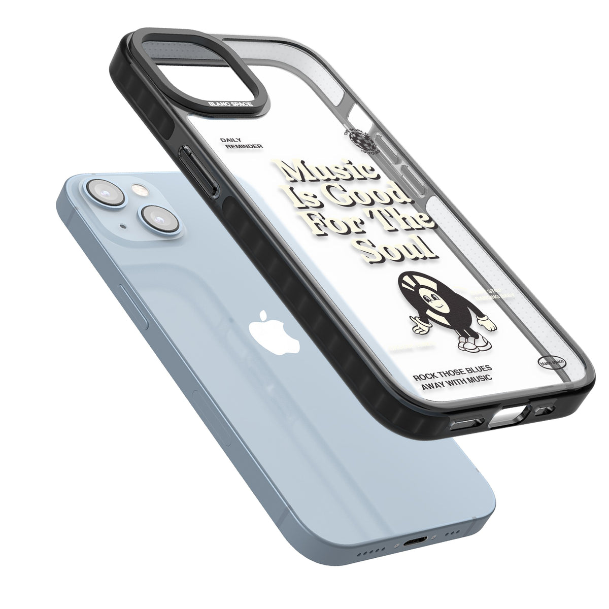Music Is Good For The Soul iPhone 12 / 12 Pro / iPhone 13 / iPhone 14 / iPhone 14 Plus / iPhone 15 / iPhone 15 Plus Impact Black Phone Case angled