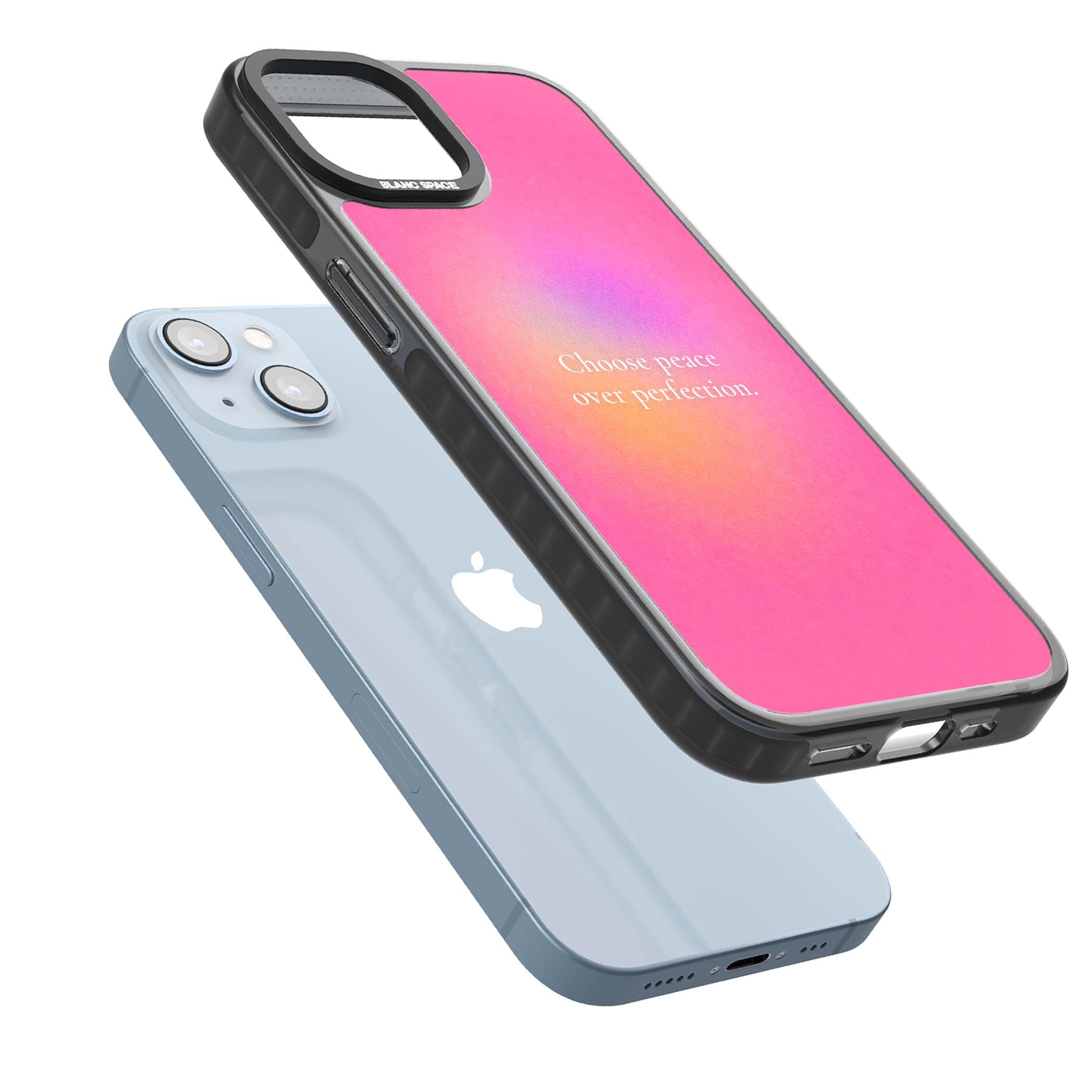 Peace Over Perfection quote iPhone case featuring a dreamy pink aura gradient and delicate white affirmation text | Black Impact case for iPhone 13, iPhone 14, iPhone 15