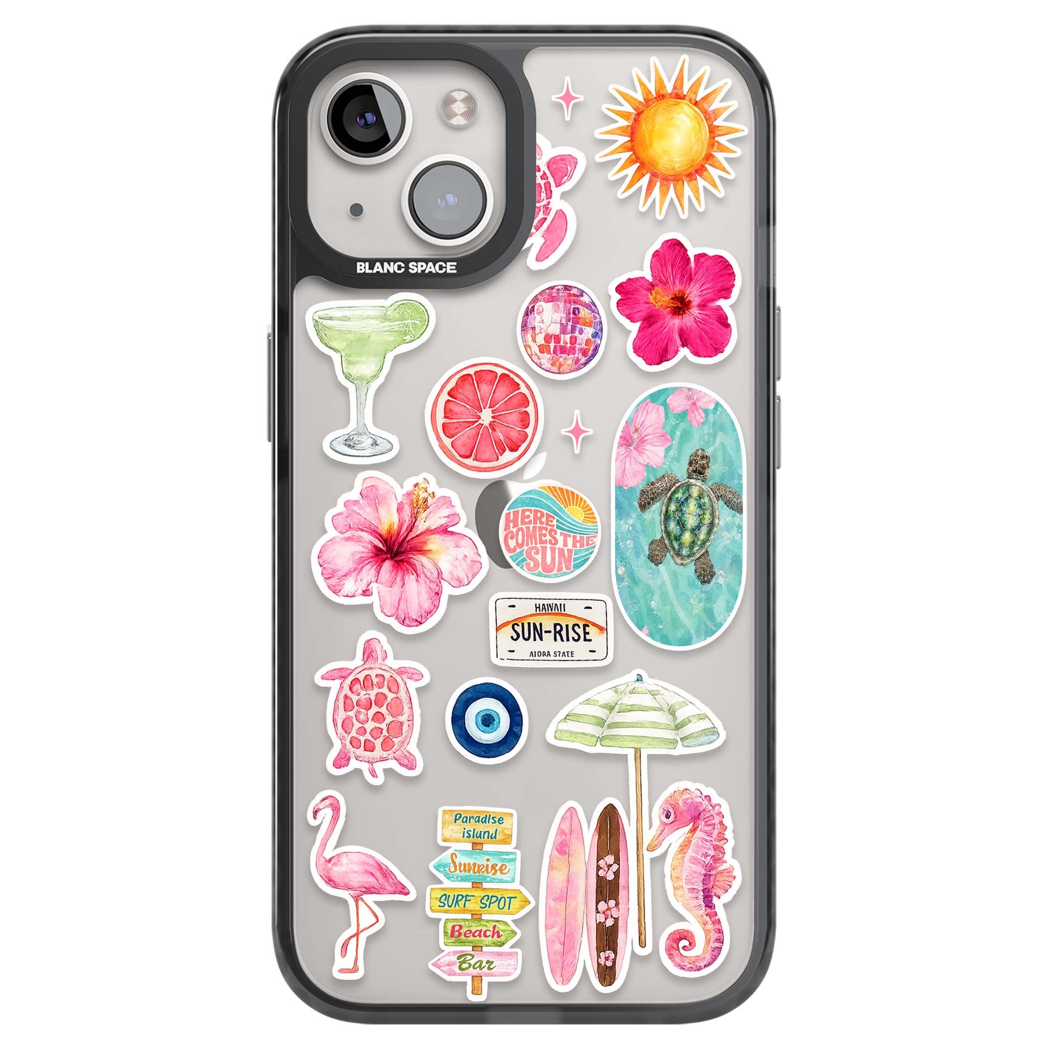 Aloha Sticker Mix tropical summer iPhone case featuring pink hibiscus, sea turtles, flamingo and beach umbrella stickers | Black Impact case for iPhone 13, iPhone 14, iPhone 15