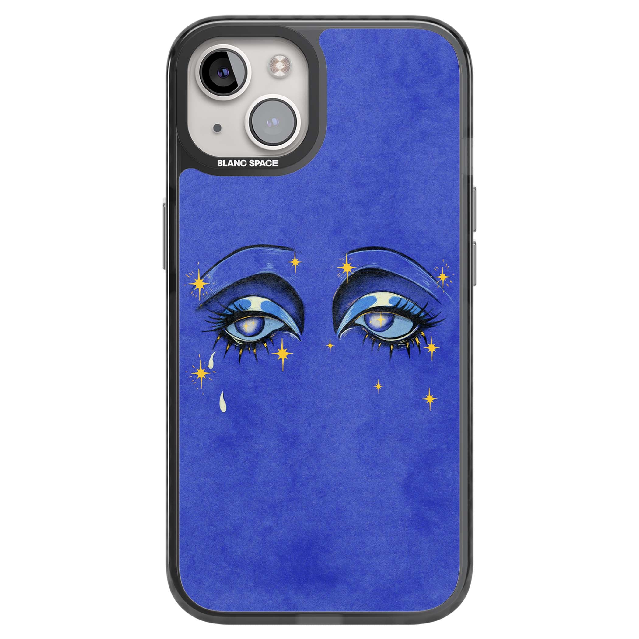 Blue Mystic Eyes celestial iPhone case featuring hand drawn blue mystical eyes, golden stars and a painted tear on indigo | Black Impact case for iPhone 13, iPhone 14, iPhone 15