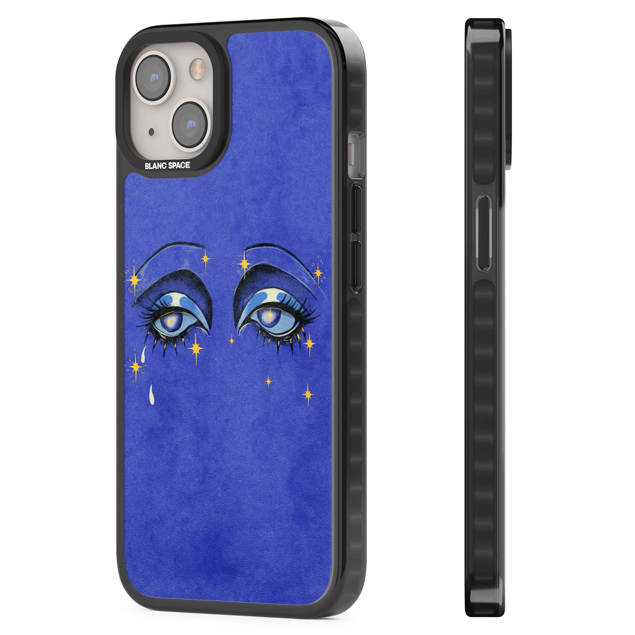 Blue Mystic Eyes celestial iPhone case featuring hand drawn blue mystical eyes, golden stars and a painted tear on indigo | Black Impact case for iPhone 13, iPhone 14, iPhone 15