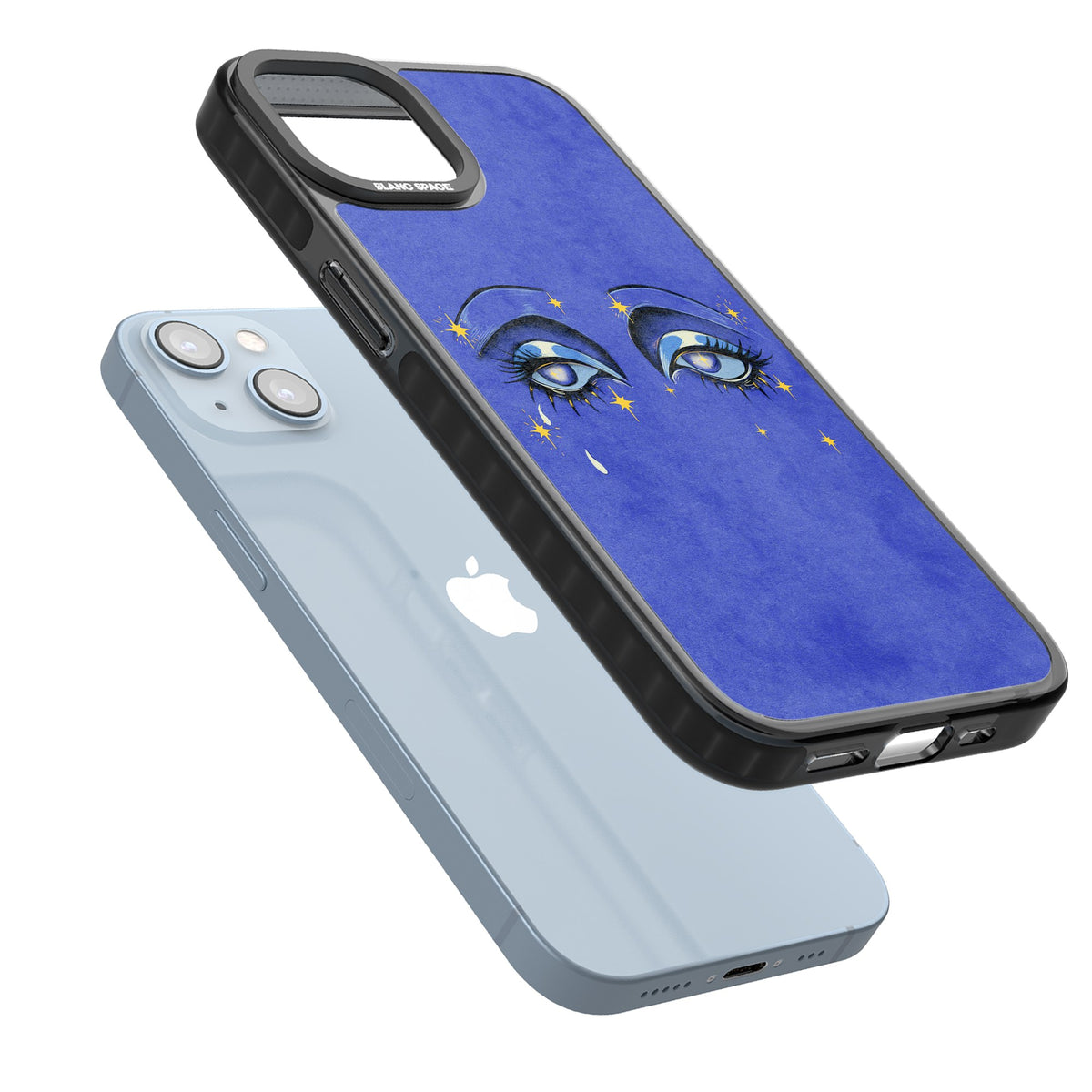 Blue Mystic Eyes iPhone 12 / 12 Pro / iPhone 13 / iPhone 14 / iPhone 14 Plus / iPhone 15 / iPhone 15 Plus Impact Black Phone Case angled