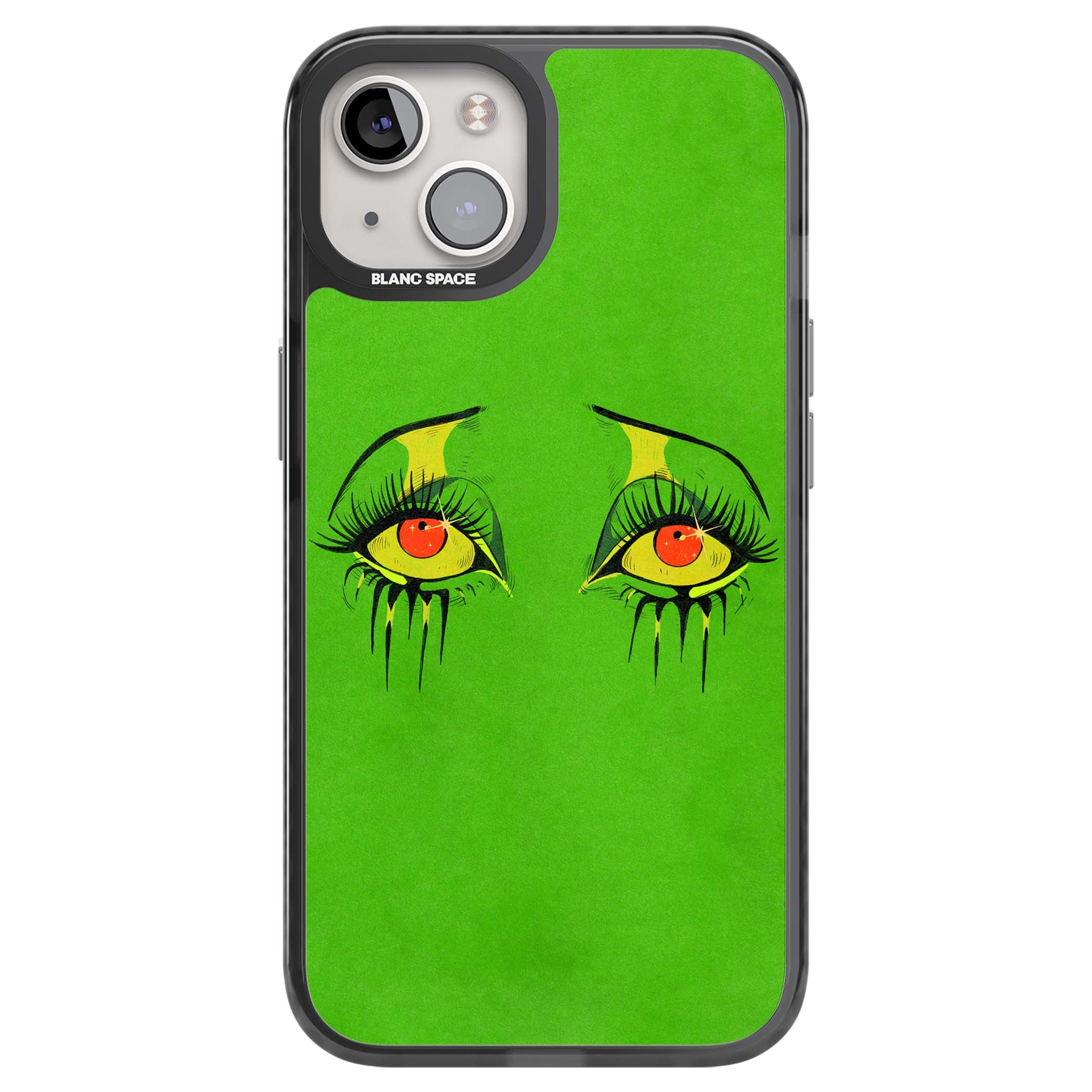 Green Enchanted Eyes psychedelic art iPhone case featuring hand-drawn dripping eyes on neon green background | Black Impact case for iPhone 13, iPhone 14, iPhone 15