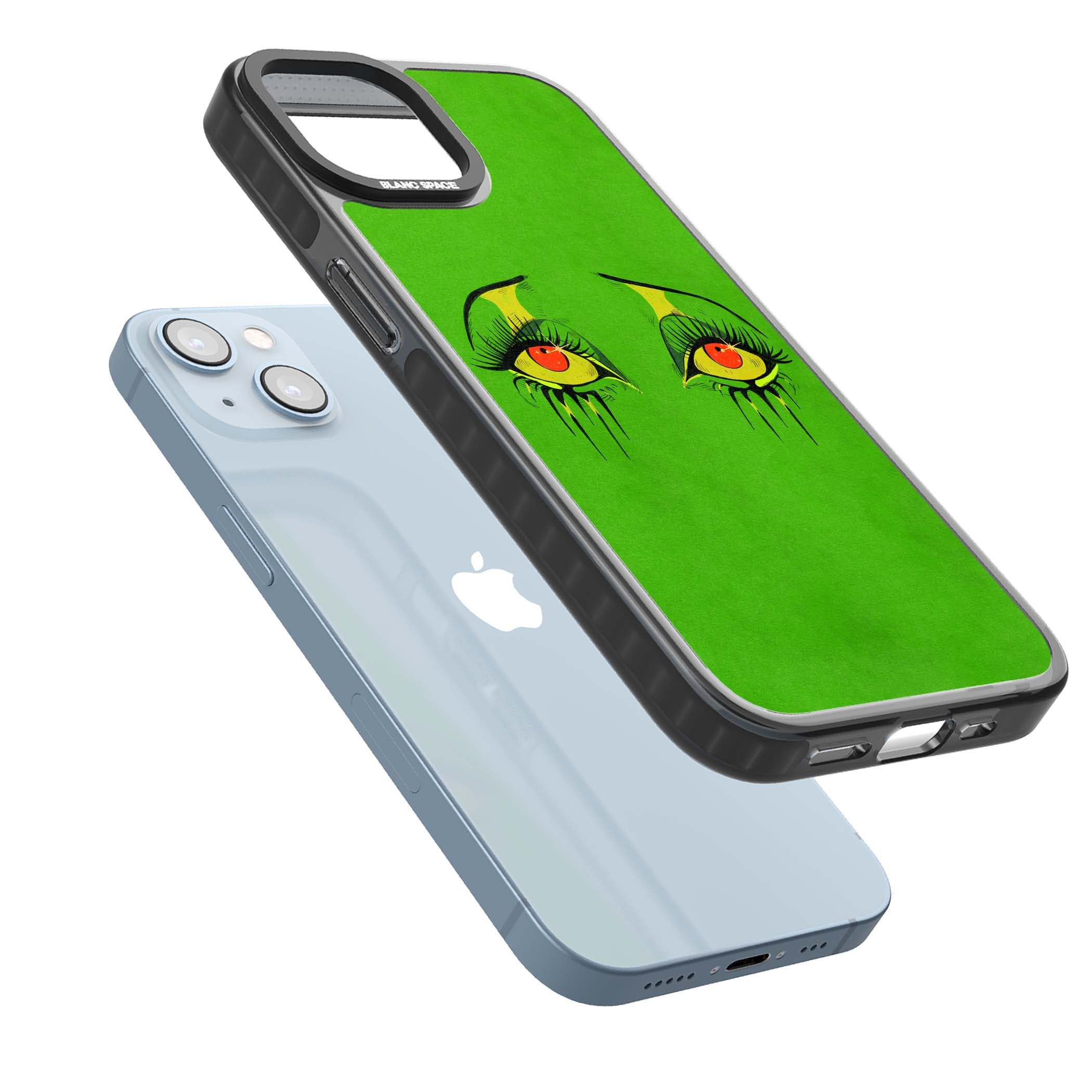 Green Enchanted Eyes psychedelic art iPhone case featuring hand-drawn dripping eyes on neon green background | Black Impact case for iPhone 13, iPhone 14, iPhone 15