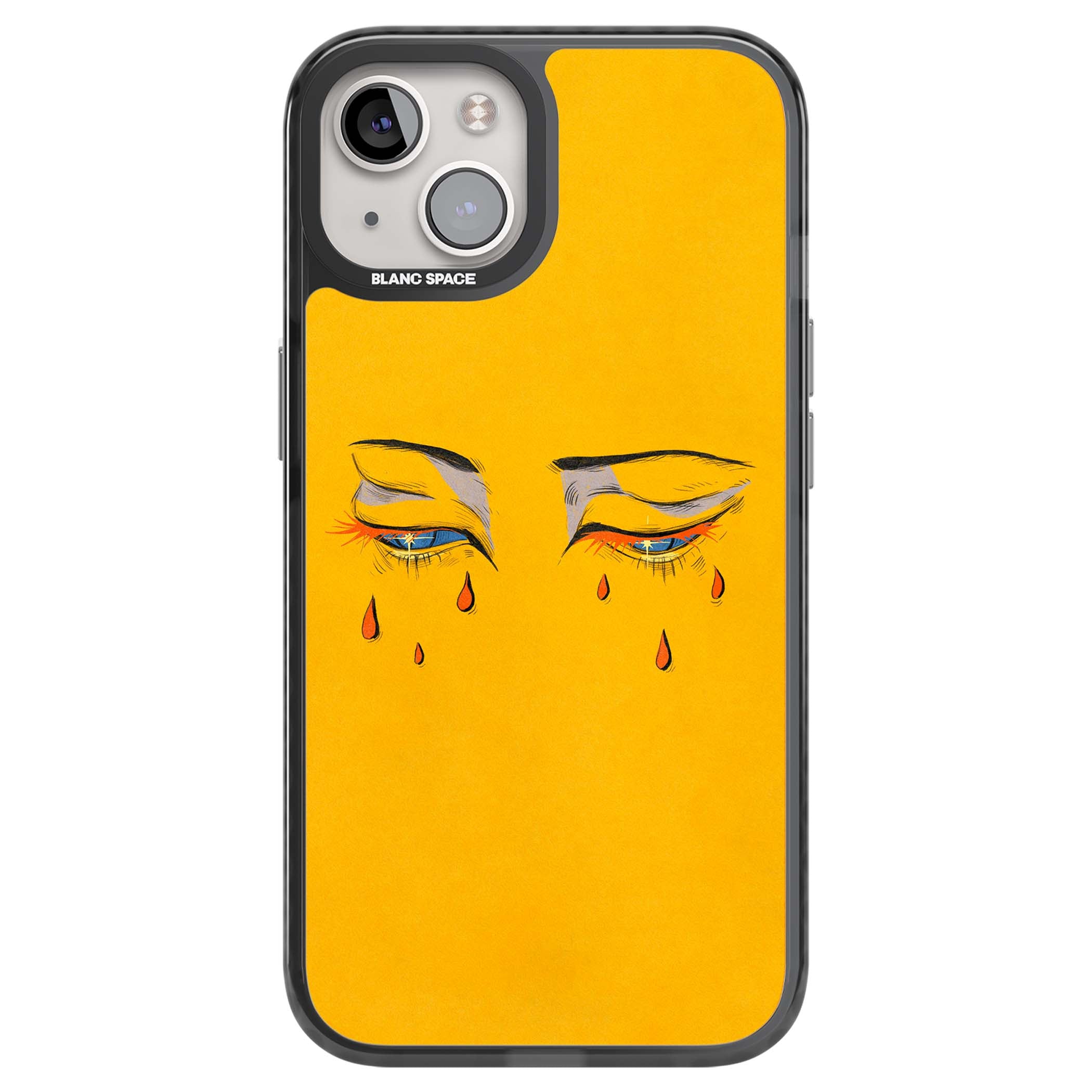 Yellow Tearful Eyes indie iPhone case featuring hand-drawn crying eyes with orange tears on a yellow background | Black Impact case for iPhone 13, iPhone 14, iPhone 15