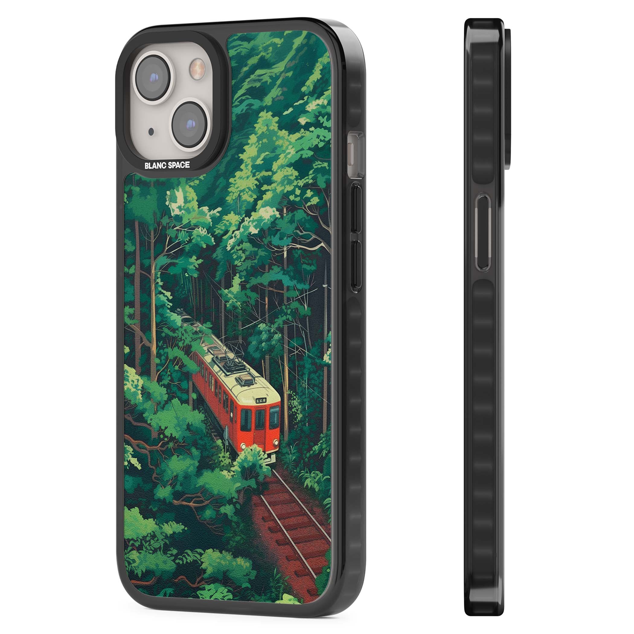 Railway In Toyama Japanese iPhone case featuring a red train, cedar forest and winding mountain railway tracks | Black Impact case for iPhone 13, iPhone 14, iPhone 15