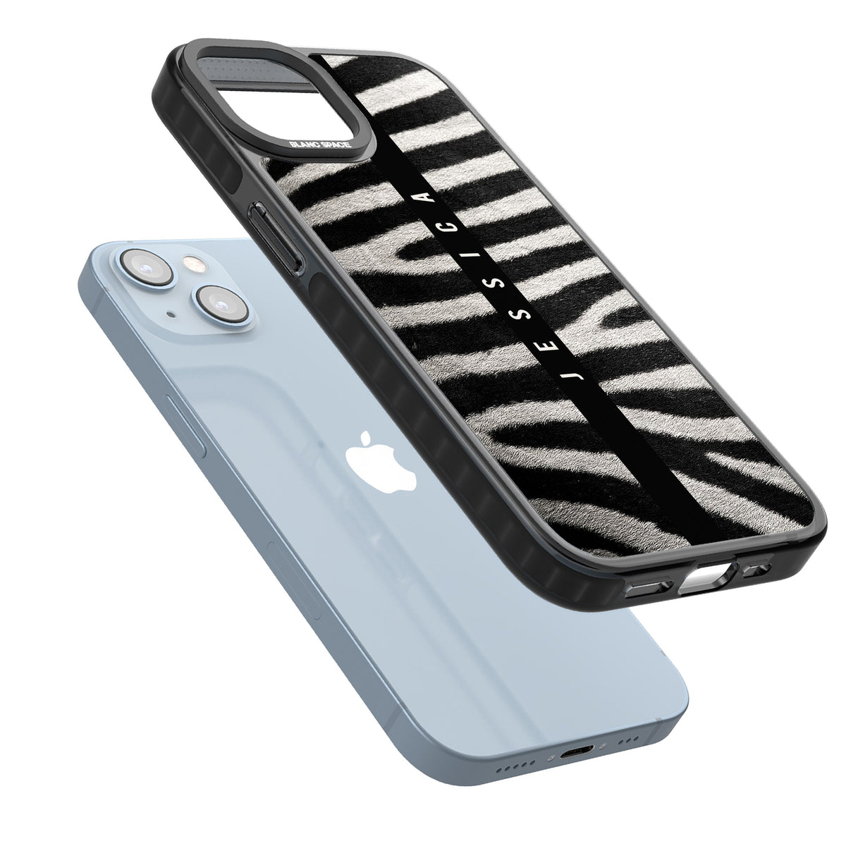 Zebra Print iPhone 12 / 12 Pro / iPhone 13 / iPhone 14 / iPhone 14 Plus / iPhone 15 / iPhone 15 Plus Impact Black Phone Case angled
