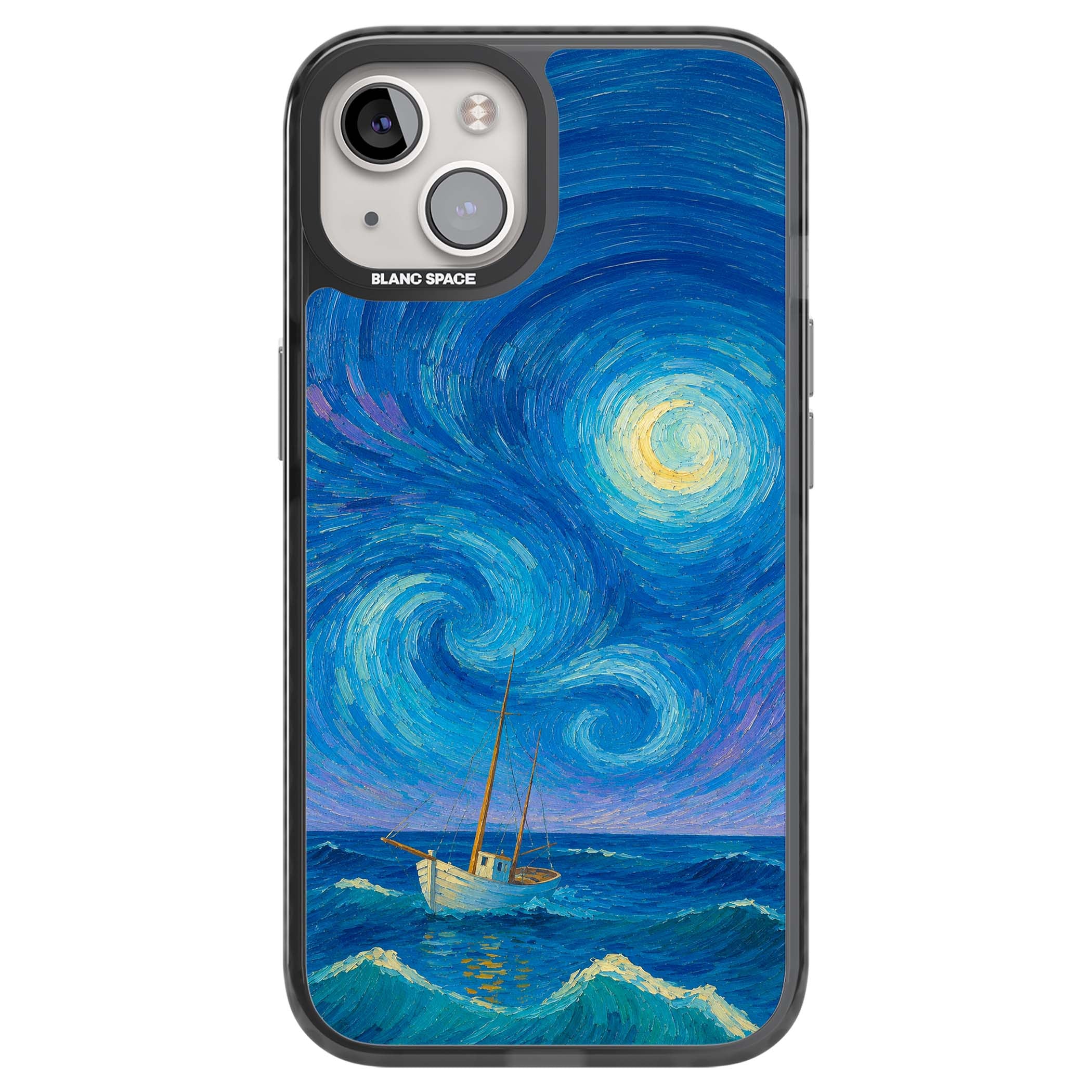 Moonlit Tide Van Gogh art iPhone case featuring swirling starry night sky, glowing moon and lone sailing boat at sea | Black Impact case for iPhone 13, iPhone 14, iPhone 15